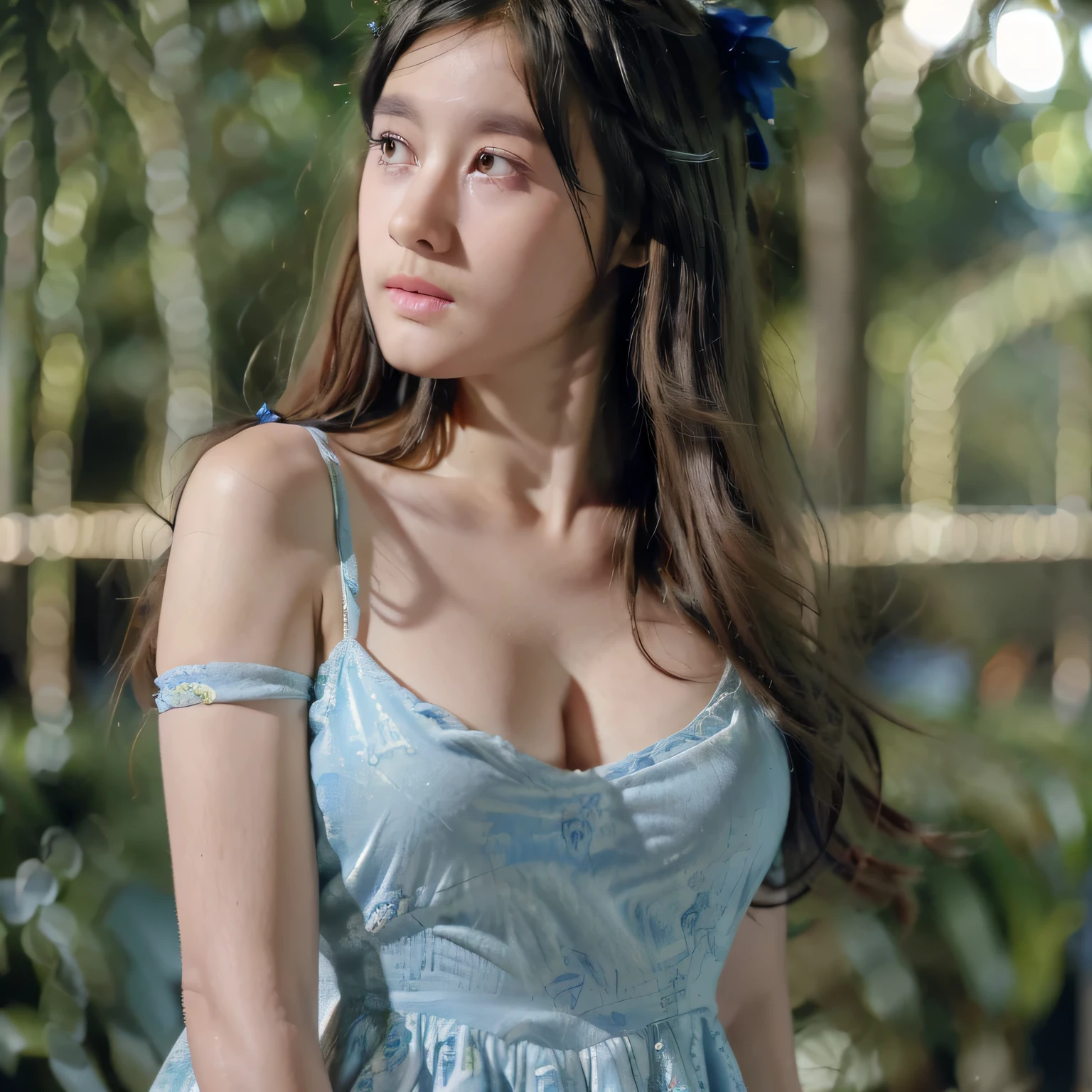 art by Cornflower, dreamy (A girl with beautiful and detailed eyes. The depth of field in the photo is perfect, the lens flare adds a nice touch, {{side breast:2}}}, a soaky dress, detailed hand
