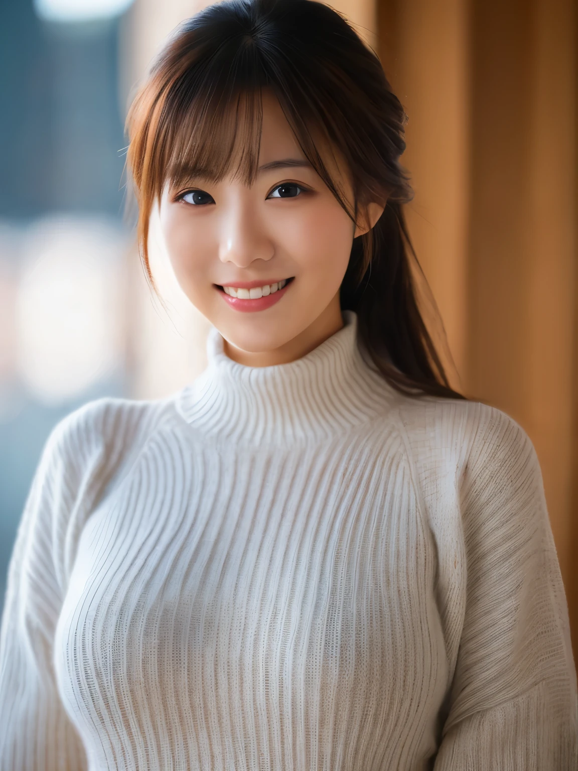(Highest Quality,High Resolution,Masterpiece,18yrs),Ultra-Detailed,Realistic:1.37,huge breasts:1.5, Beautiful detailed eyes,Beautiful skin,Perfect slender body,Japanese beauty,Wearing turtleneck wool sweater,Healthy,Smiling,Upper body,Kyoto,Kiyomizu Temple