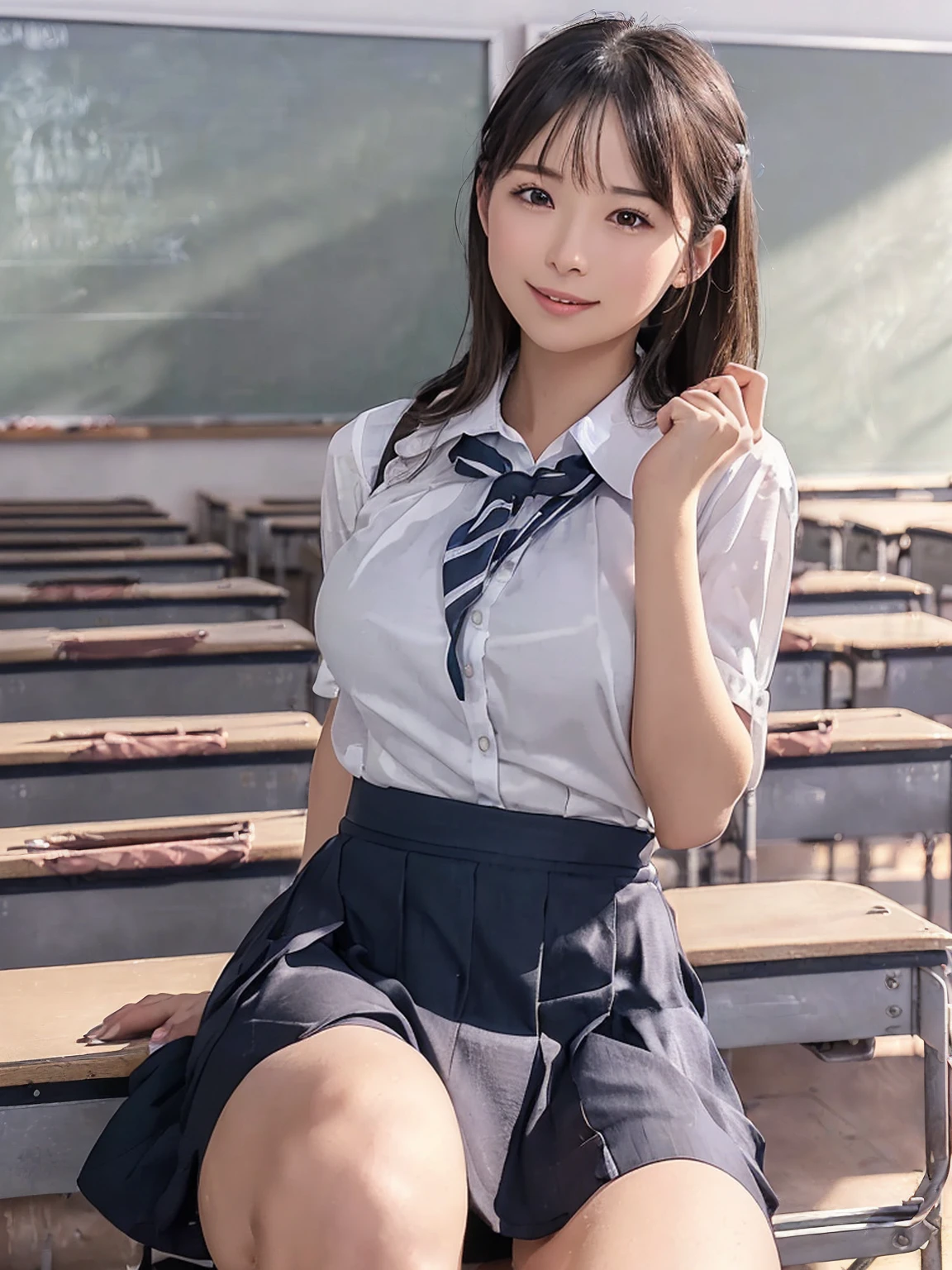 (8K,RAW Photos,highest quality,masterpiece:1.5),(Watching the audience:1.5),smile,Black Hair,(live-action:1.5),(Realistic expression:1.5),( girls:1.5),(School uniform:1.5),(The background is an empty classroom:1.5),(Young face:1.4),(Big Breasts:1.5),Showing beautiful teeth,(She lifts her skirt to show off her vagina:1.5)