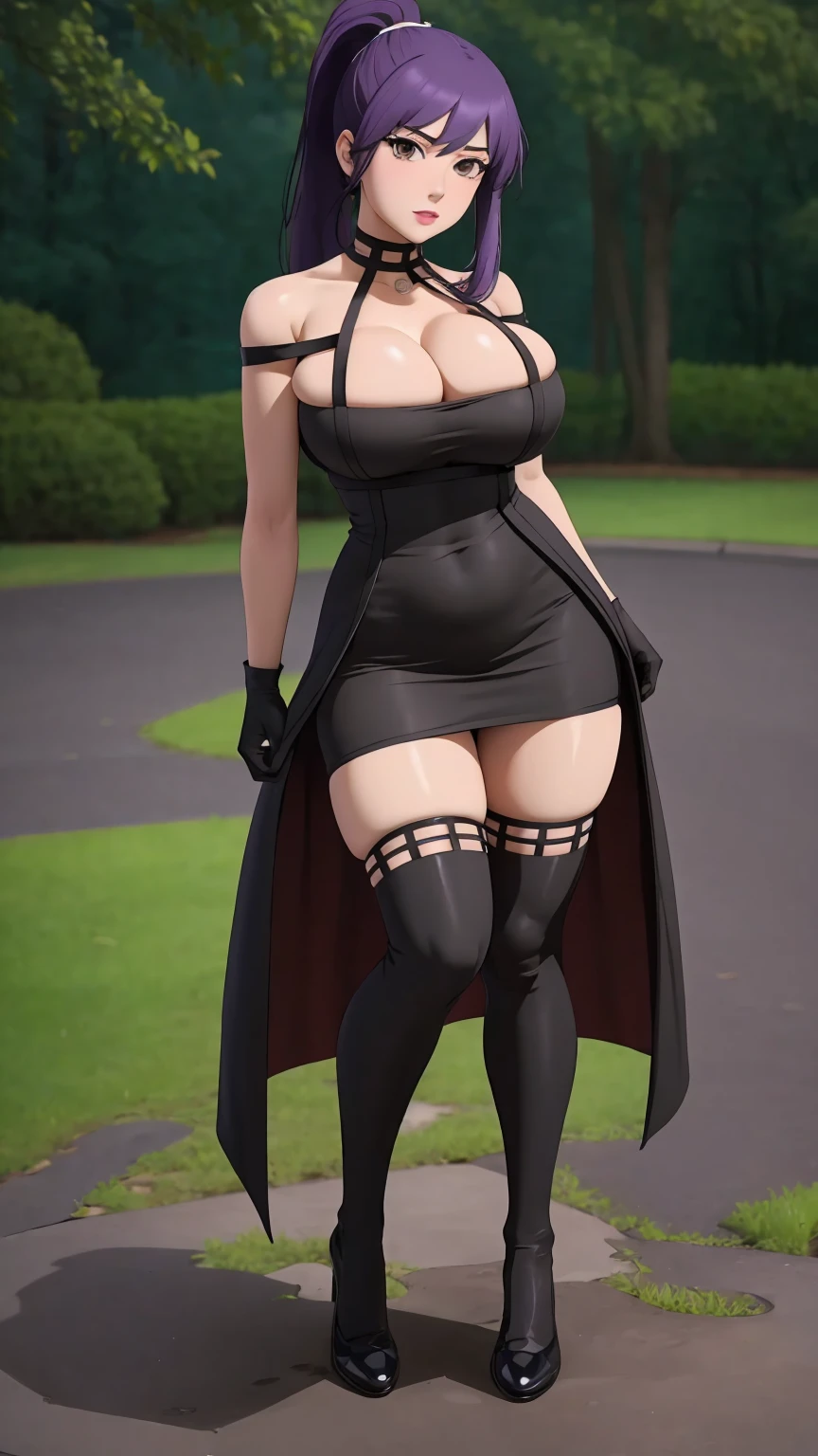 masterpiece, best quality, extremely detail 8k cg, high resolution, 1girl, yuugao, solo, purple hair, long hair, sidelocks, ponytail, brown eyes, perfect eyes, slim body, huge breasts, bursting breasts, standing, black dress, black thighhighs, black gloves, seductive face, outdoors, garden, night time, beautiful face, wide shot photo, full body