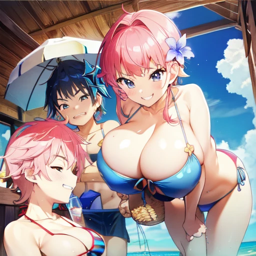 Huge breasts、Bikini later sister、blue bikini swimsuit、Grinning boy、Annoyed older sister