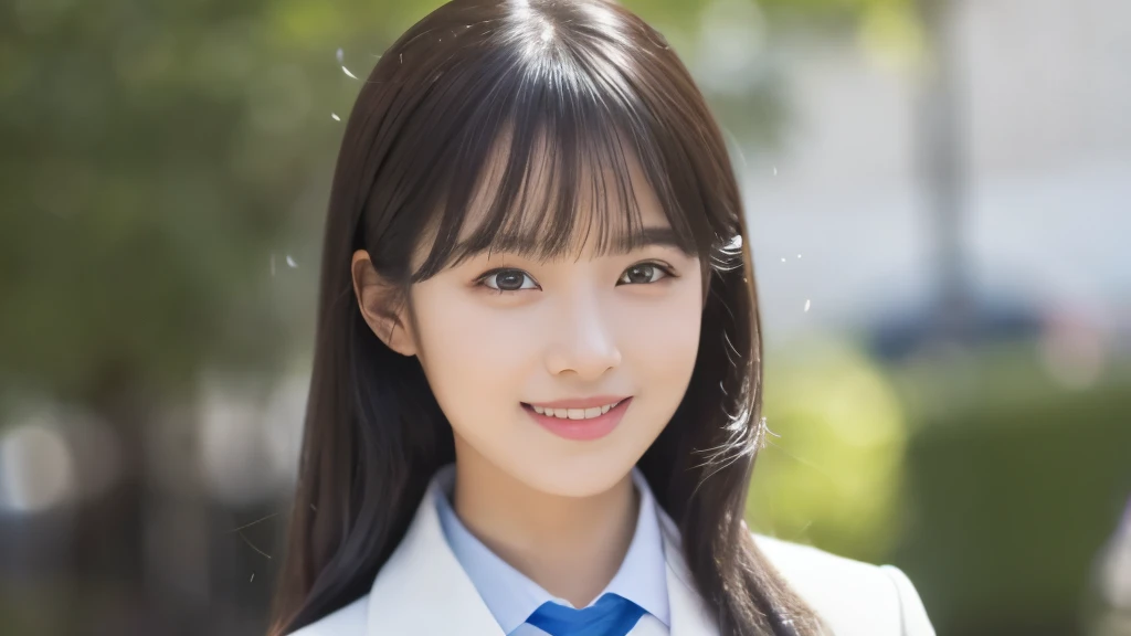 (Realistic: 1.4), (highest quality: 1.4), (Fine grain), Full body shot, ((Background is white)), ((Watching the audience)), ((1 female university student)), Black Hair, ((suit)), Wide eyes, Blushed face, smile, Highly detailed face and skin texture, Healthy Skin, 8k resolution
