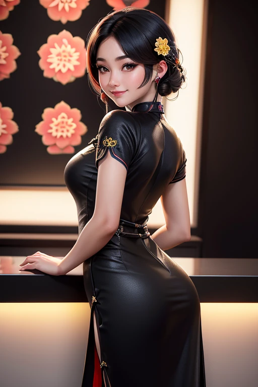 mujer,20 years old,,Ciudad,noche,(((cheongsam de seda))),,sonrisa con la boca abierta((pelo negro)),rubor、,((Turn around and look back))()Reflejando las nalgas