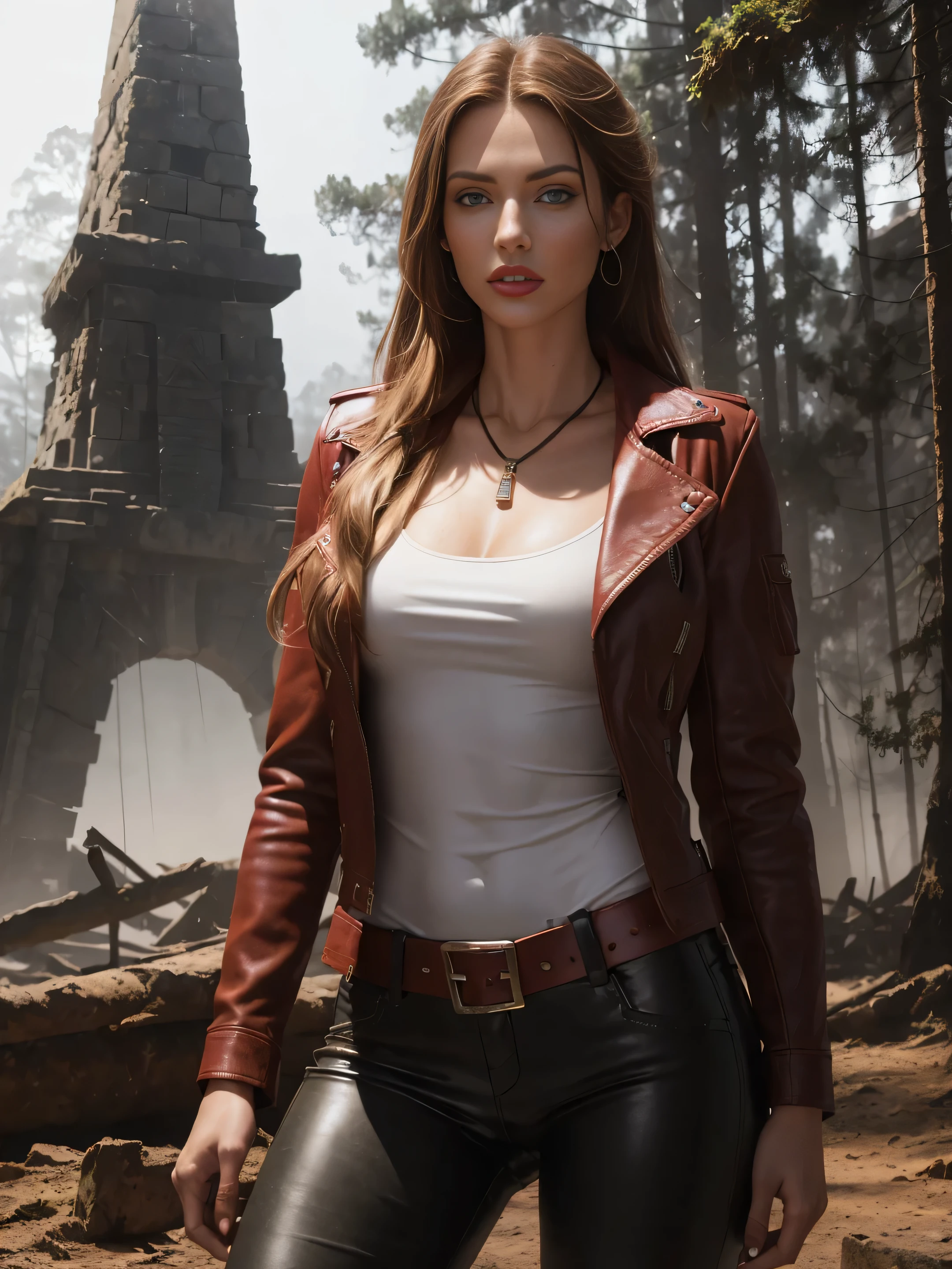 full bodyn sexy beauty archaeologist, thin, tall, red long braided hair, green eyes, red lips, white skin, athletic, slim, wearing tight brown leather pants, blue flannel shirt, black leather jacket, wide leather belt, standing in a primeval forest, Aztec pyramid blurred in the distance , mist, fog, blurred shadows, photorealistic,