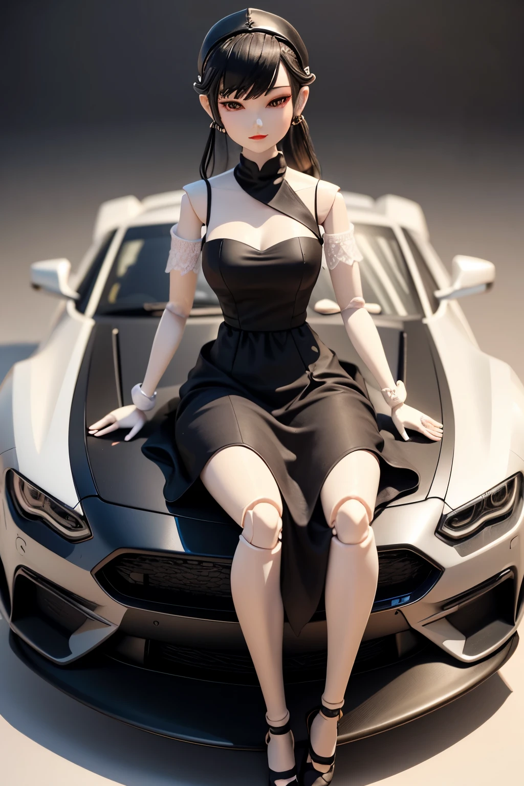 Figure, plastic mannequin,jointed puppet, toy, ตัวละครtoyผู้ชายเกาหลีอายุ22, Sitting on the hood of a supercar, Take the highest quality photos, Beautiful dress