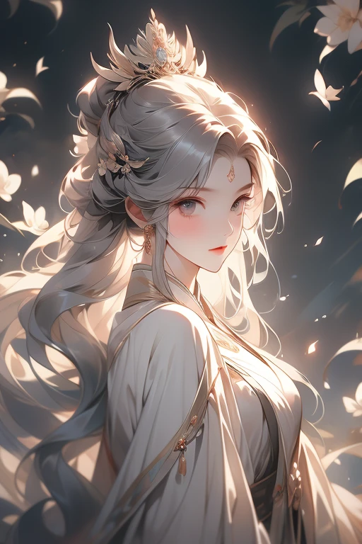 moon，A girl,Frontal image，moon使者,Moonlit Maiden,moon的二次元形象,A faint smile,Holy and elegant,Indifferent expression,Silvery-white eyes,Flowing ancient robe,Long flowing white hair,Exquisite hairstyle,magic,Ray Tracing,Delicate facial features