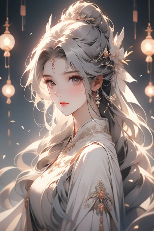 moon，A girl,Frontal image，moon使者,Moonlit Maiden,moon的二次元形象,A faint smile,Holy and elegant,Indifferent expression,Silvery-white eyes,Flowing ancient robe,Long flowing white hair,Exquisite hairstyle,magic,Ray Tracing,Delicate facial features