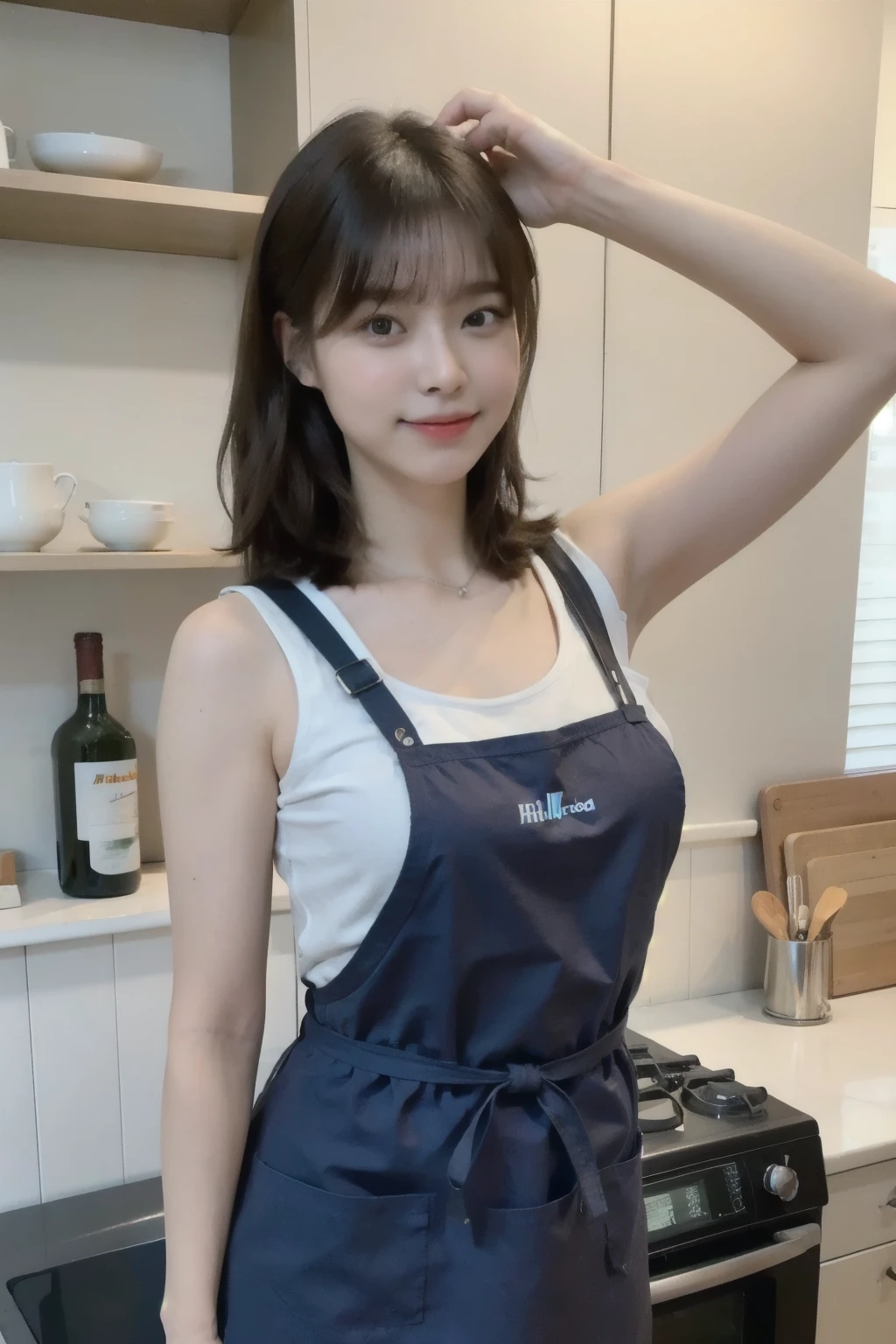 a woman is cooking、(kitchin_Apron:1.Wear 3)、Good Hand、4K、hight resolution、​masterpiece、top-quality、Cap:1.3、((Hasselblad photo))、Fine skin、sharp focus、(lighting like a movie)、Soft lighting、dynamic ungle、[:(Detailed face:1.2):0.2]、Medium chest、sweats streamed skin:1.2、(((In the kitchen))) Cute smile　Viewer's Perspective　Colossal tits　Tying hair　Sleeveless　Put out your upper arm　Shoulders are sticking out　Cleanliness　Large kitchen　Beautiful kitchen　wine glasses　posterior view　Behind　backs