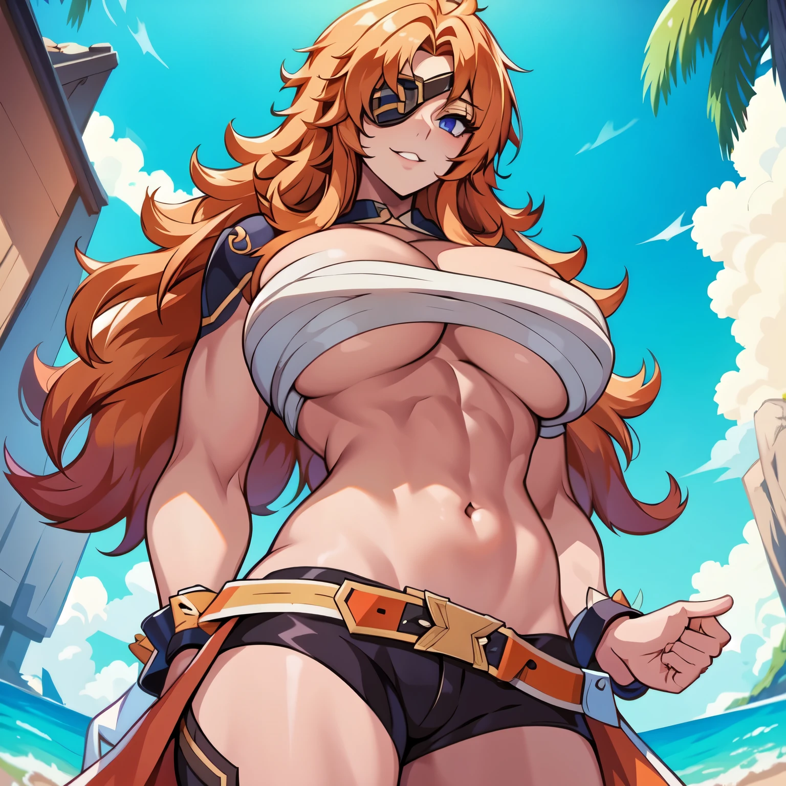 (masterpiece, best quality:1.2), 1girl, solo, eyepatch, cleavage, white bandaged_breasts, long_orange_hair, cowboy shot, standing, underboob, large breasts, low angle shot, seductive look, looking at viewer,