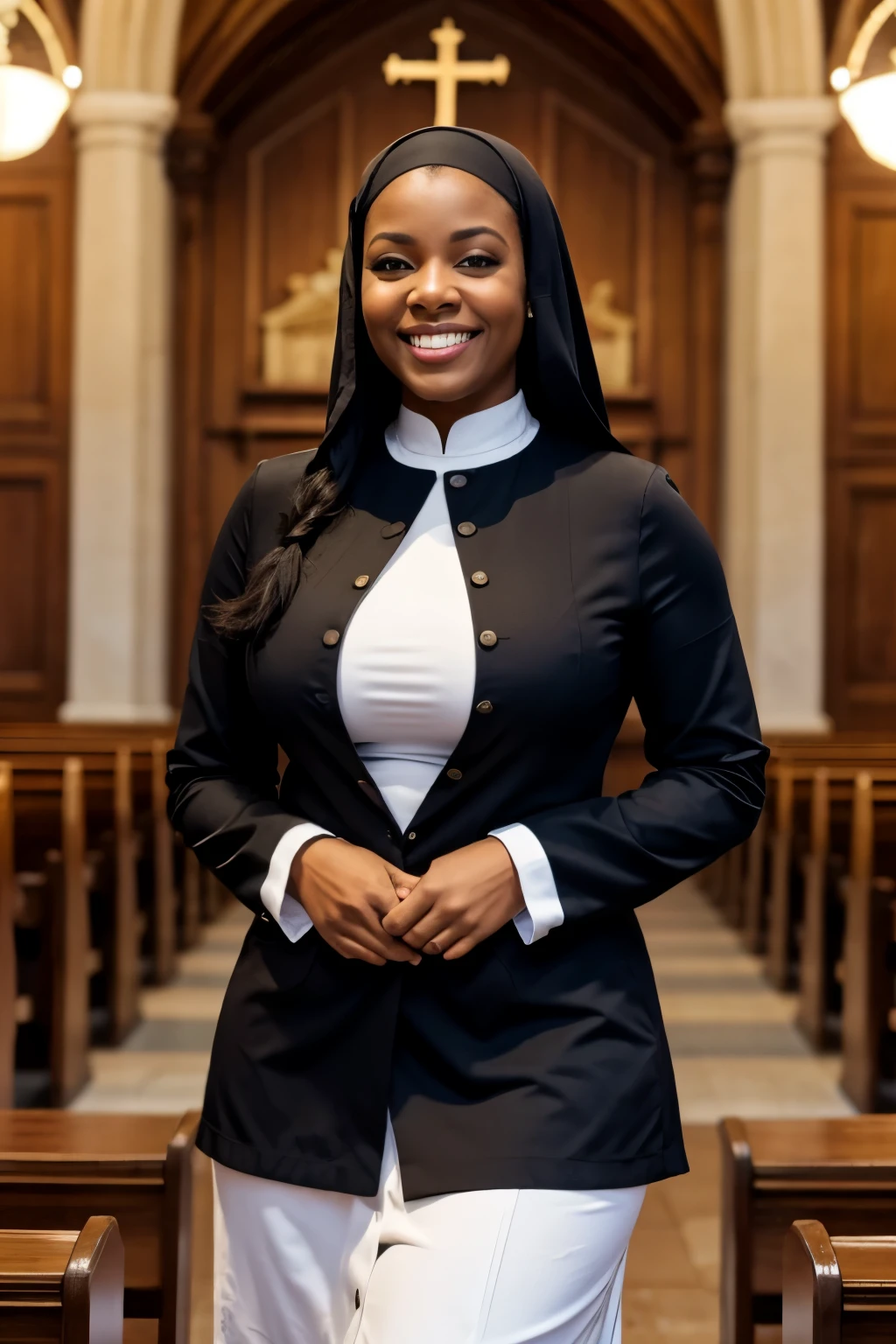Mature Black Woman、smile、Nuns、Huge breasts、Voluptuous body、Monastic uniform、inside the church