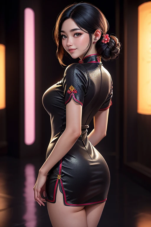 mujer,20 years old,,Ciudad,noche,(((cheongsam de seda))),,sonrisa con la boca abierta((pelo negro)),rubor、,((Turn around and look back))()Reflejando las nalgas