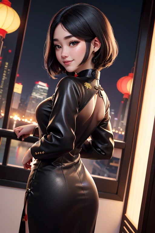 mujer,20 years old,,Ciudad,noche,(((cheongsam de seda))),,sonrisa con la boca abierta((pelo negro)),rubor、,((Turn around and look back))()Reflejando las nalgas
