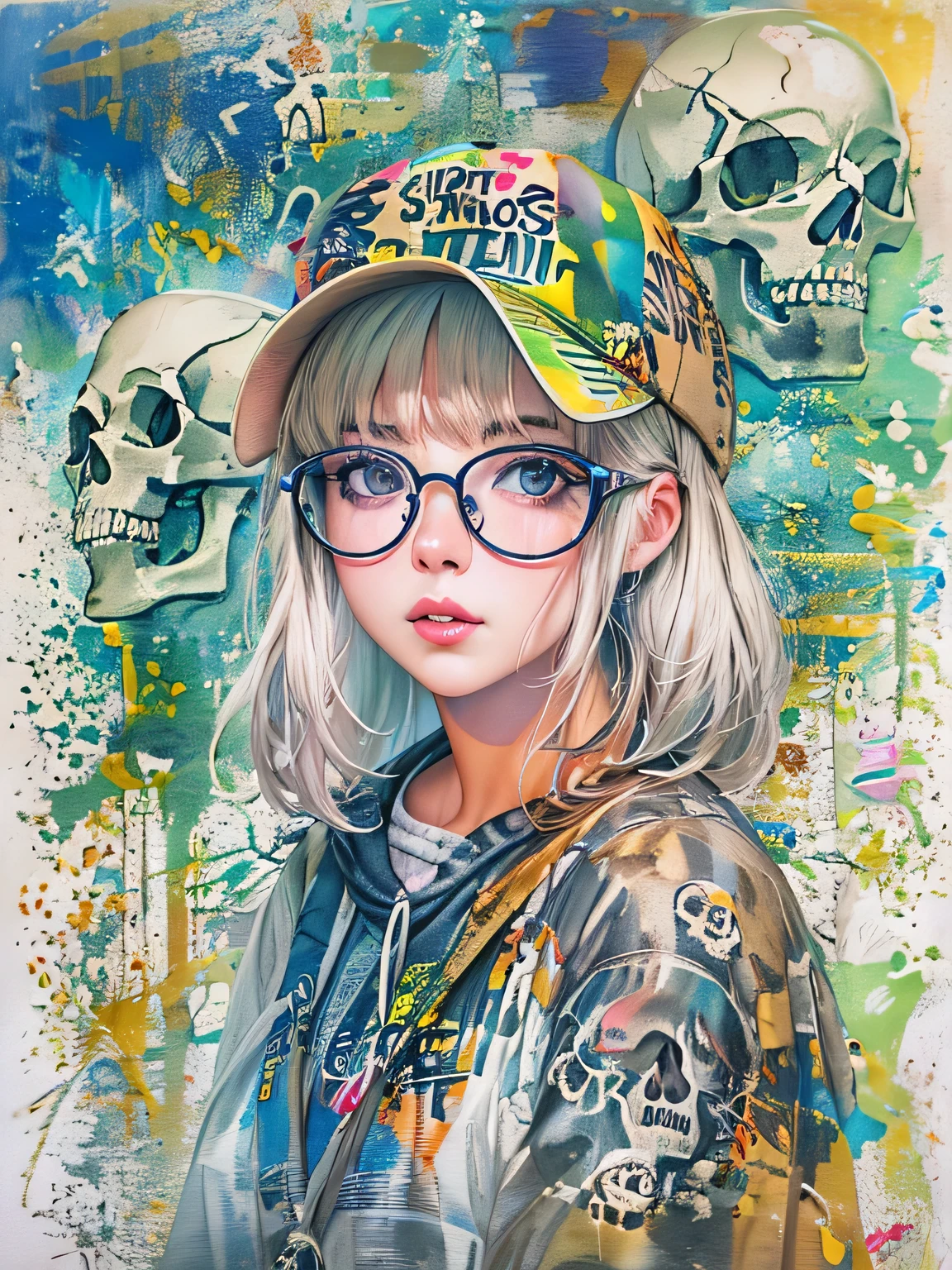 8K quality, watercolor painting, stylish design, (((The strongest beautiful girl of all time))), (((Japanese))、Idol、clear, stylish glasses, Fashionable hats, (((highest quality))), bob hair, lips in love, HDR, ((Detailed details)), (((skull fashion))), detailed clothing texture, (((graffiti art))), colorful hair, ((masterpiece))、((Super detailed))