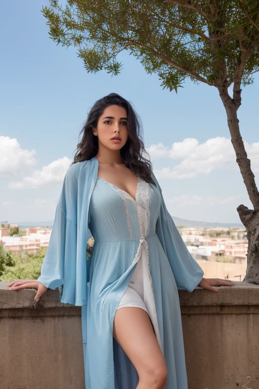 Femme marocaine et bresilienne, de face, sexy, grosse poitrine , regarde le spectateur, cheveux longs, chemise, robe legere, nuage, jour, ciel,en plein air, paysage, arbre, eau,