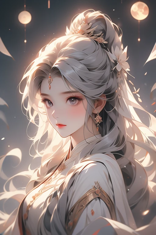 moon，A girl,Frontal image，moon使者,Moonlit Maiden,moon的二次元形象,A faint smile,Holy and elegant,Indifferent expression,Silvery-white eyes,Flowing ancient robe,Long flowing white hair,Exquisite hairstyle,magic,Ray Tracing,Delicate facial features