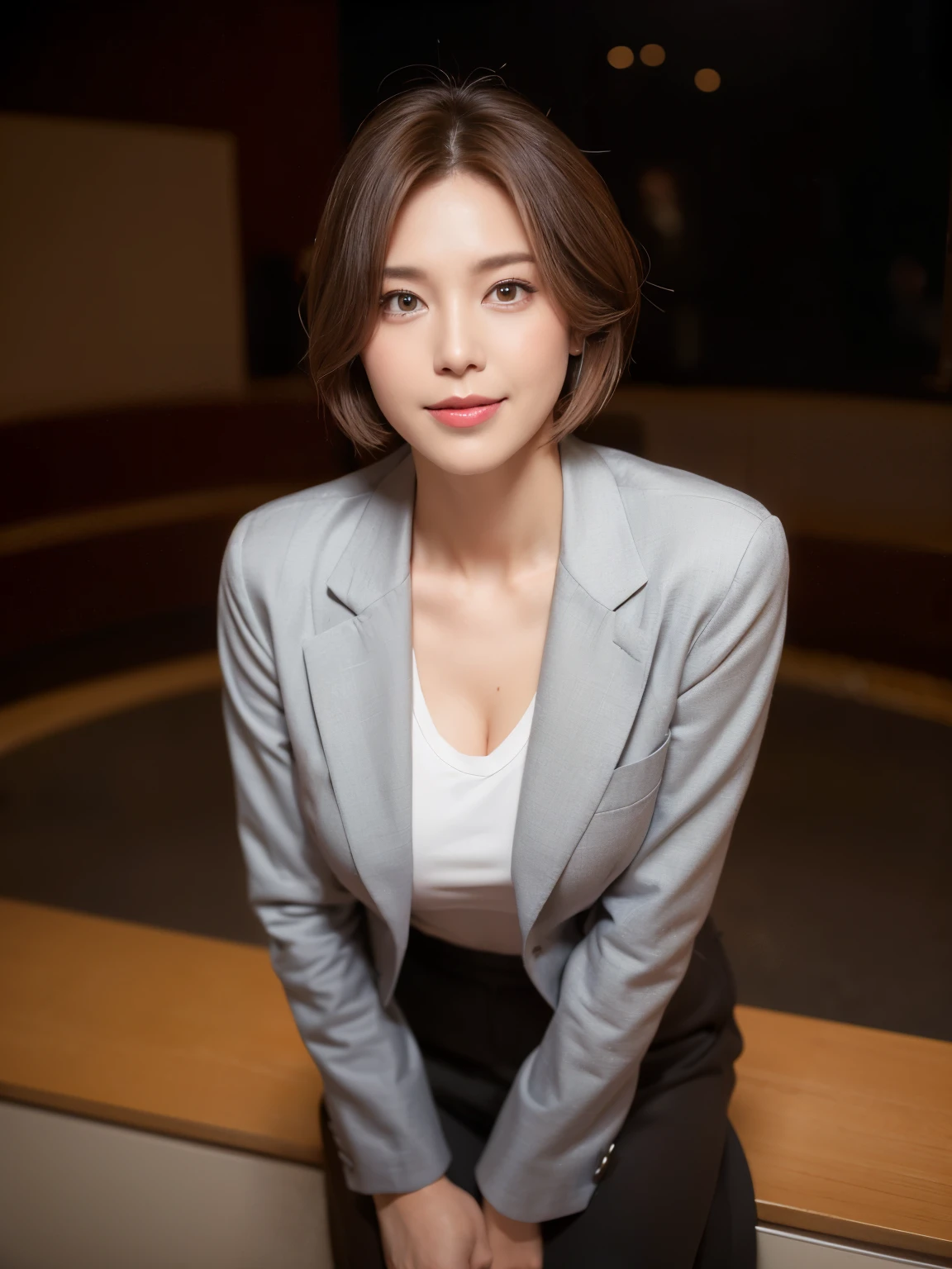 masterpiece,highest quality, (One mature woman、42 years old), ((close:0.5)), ((Cross Arm)), Glare, Grey blazer, White shirt, double eyelid, eyelash, Lip gloss, (smile:1), ((close your eyes:0.85)), ((Looking at the audience、The whole body is reflected、Are standing)), to be born, (From above:0.2), ((no one)), （office）、（Knee-length、Knee-high boots）、Written boundary depth、尖ったRed Mouth、(Reddish brown wet shiny short hair,,,,,,,,,),Red Mouth,clavicle、Full body portrait、digital illustration, (Photorealistic:1.3),(RAW Photos.)