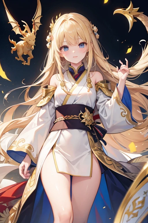 ((masterpiece、highest quality、highest quality、An illustration、Intricate details))、girl 、Outdoor、Ride the Dragon、golden knight、Golden Dragon、Final Fantasy、Long blonde、peace、Golden Aura、Beauty、Adult、Open chest、Bare thighs、Cape、pterosaur、Healing、blue sky、Long-sleeved kimono