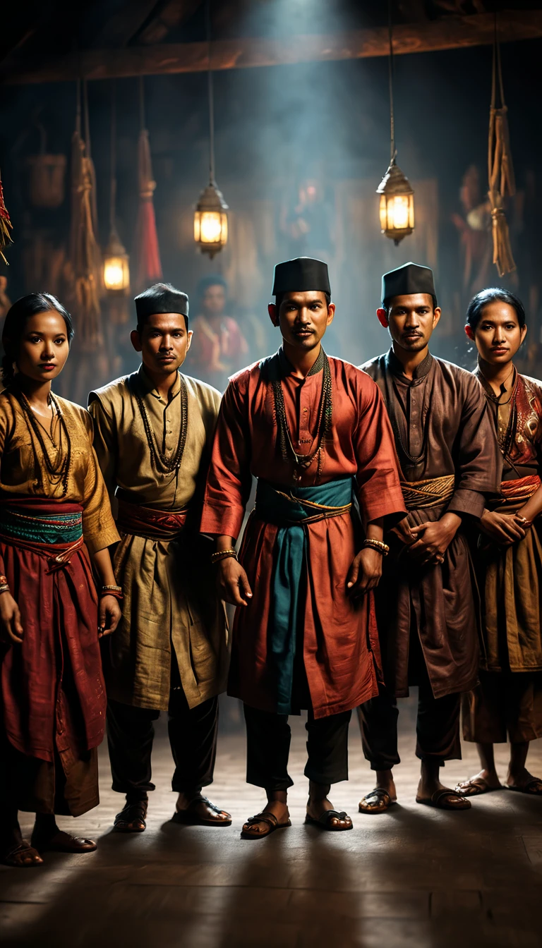 A group of people from various Indonesian tribes and cultures standing together, holding hands or embracing, symbolizing unity amidst diversity. They could be wearing traditional attire, representing their respective cultures, background cinematic, hyper realistic, ultra detailed hyper realistic, photorealistic, Studio Lighting, reflections, dynamic pose, Cinematic, historical accuracy, Color Grading, Photography, Shot on 50mm lens, Ultra-Wide Angle, Depth of Field, hyper-detailed, beautifully color, 8k