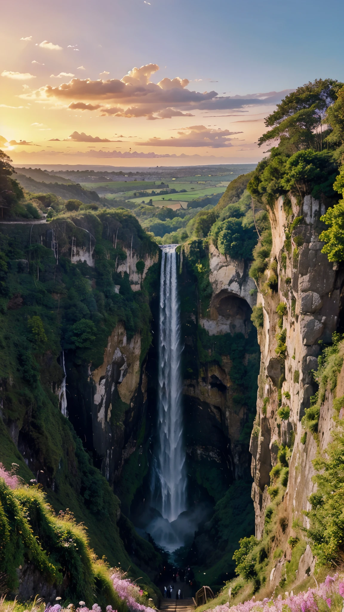 a breathtaking landscape featuring a tall, majestic waterfall cascading down a lush green cliff, with a vibrant sunset painting the sky in hues of purple, pink, and orange. A winding path through green fields leading towards the waterfall should also be included.