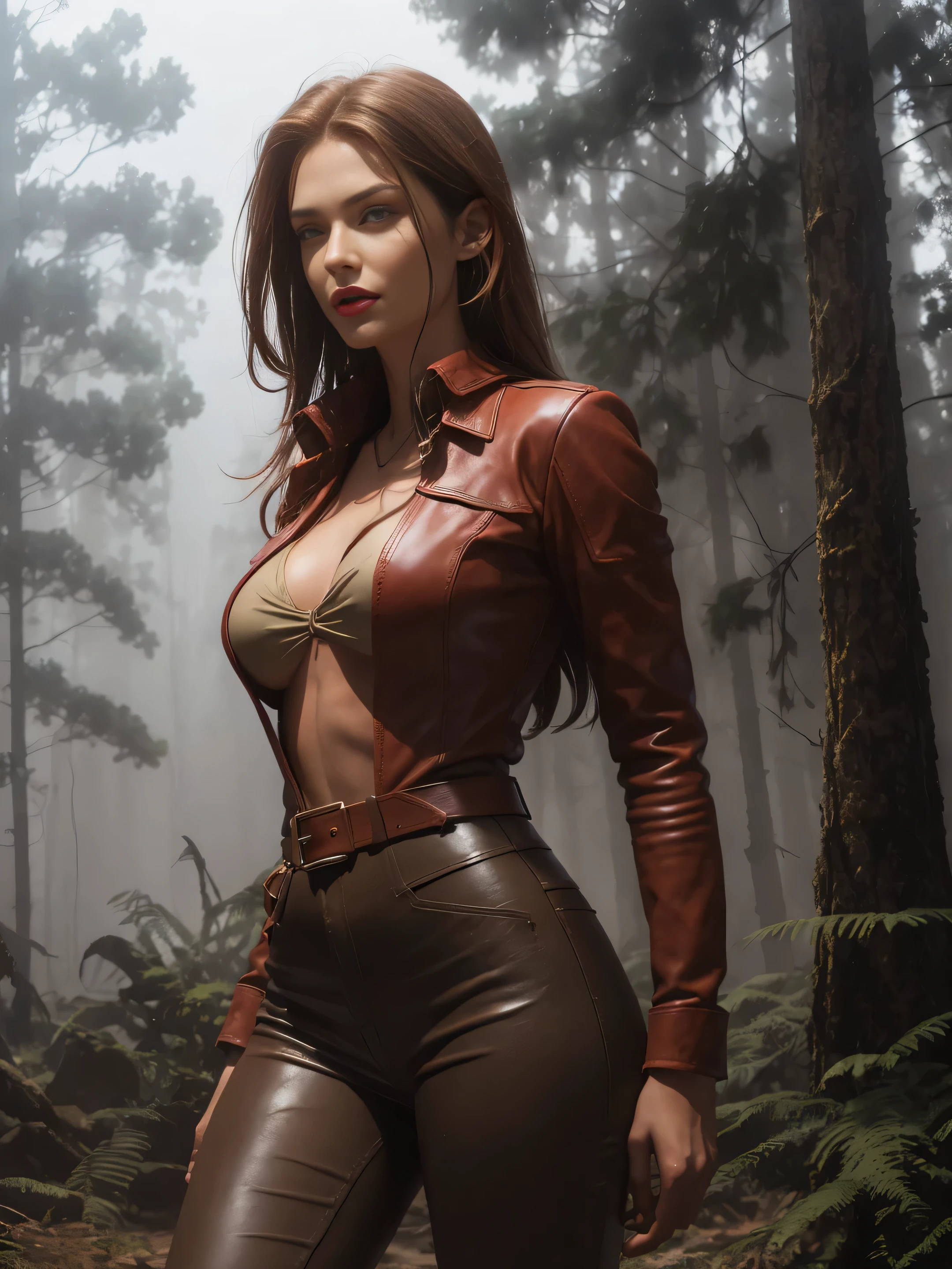 full bodyn sexy beauty archaeologist, thin, tall, red long tied hair, green eyes, red lips, white skin, athletic, slim, tight brown leather pants, blue flannel shirt, black high boots, wide leather belt, standing in a primeval forest, Aztecs blurred into the distance pyramid, mist, fog, blurred shadows, photorealistic,