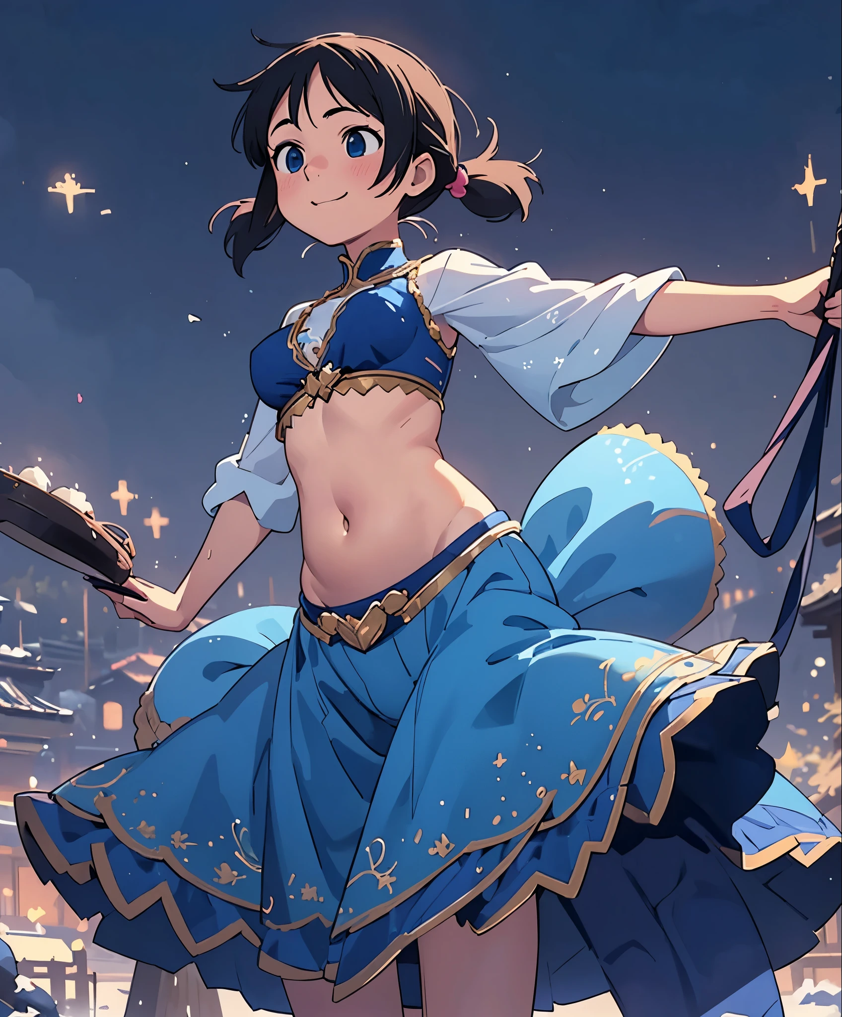 (masterpiece、highest quality、highest quality、Official Art、Beautiful and beautiful:1.2)、(One girl:1.3)Hatsune Miku、Twin tails,Big Breasts,Illustration of a dancing belly dancer、アニメWindイラスト, High resolution, Super detailed, (One girl:1.3), (Dynamic pose):1.0 break, Cowboy Shot, (Pale skin:1.3), ((Detailed blue eyes)), (Bokeh effect), (Dynamic Angle), 1 Very beautiful and charming anime wife in competition dance hall, (Wearing a royal blue satin belly dancer costume:1.37), break, 彼女は金髪のウェーブのかかったTwin tailsの髪型をしています, Medium Breasted, thin, A light smile, Happy, Wind, 8 Life-size, Detailed clothing, Detailed body, Detailed Weapons, Human hand, Fine hand, Perfect Nose, blush, A light smile, Pink Lip Gloss, Looking at the audience, Facing the audience, Sexy model posing, Studio Soft Light, Cinematic Light, Detailed Background, Realistic, ultra-Realistic, masterpiece, 32K Ultra-Clear Images, Japanese anime waifu, Concept art by Kyoto Animation, makoto shinkai,