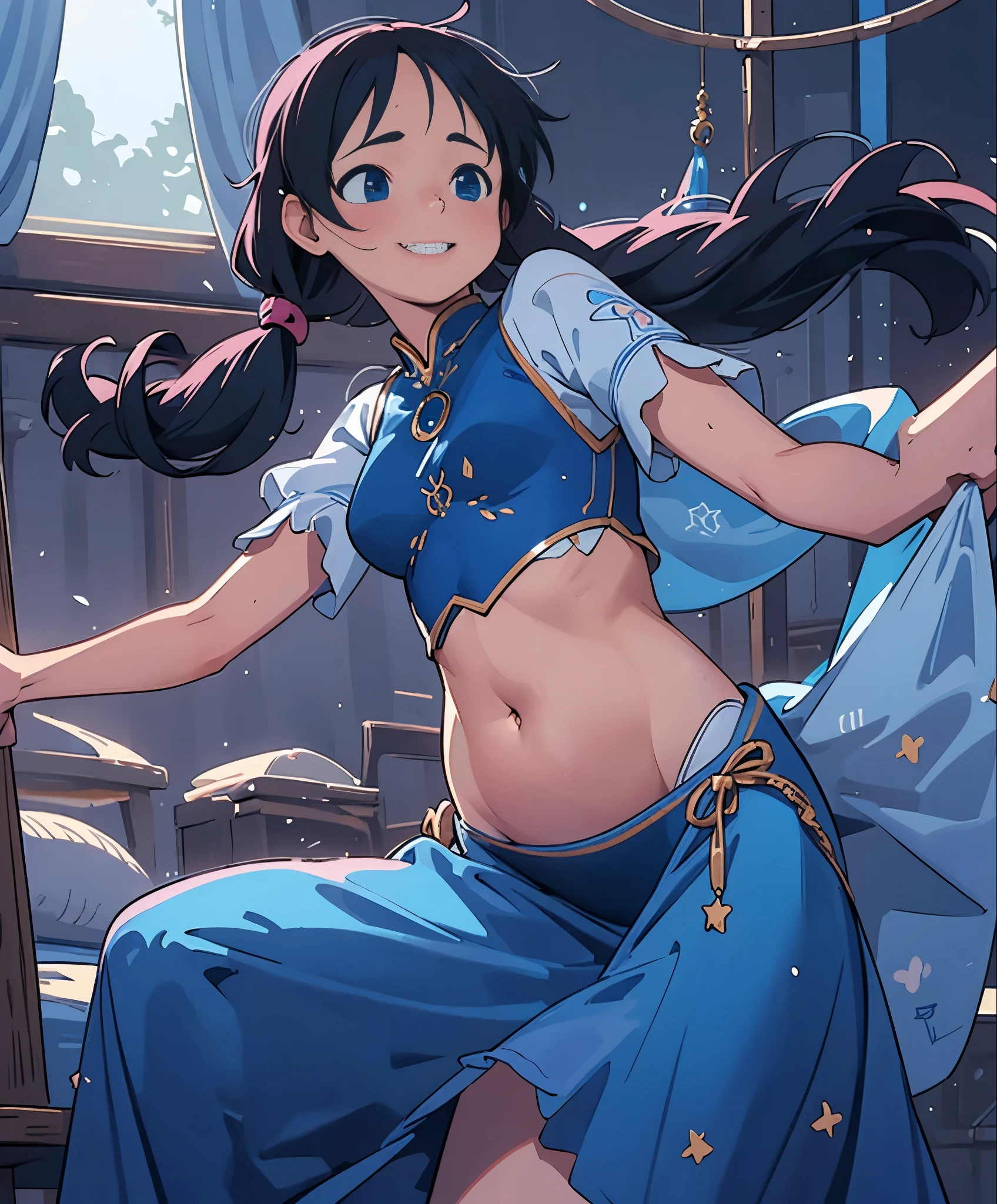 (masterpiece、highest quality、highest quality、Official Art、Beautiful and beautiful:1.2)、(One girl:1.3)Hatsune Miku、Twin tails,Big Breasts,Illustration of a dancing belly dancer、アニメWindイラスト, High resolution, Super detailed, (One girl:1.3), (Dynamic pose):1.0 break, Cowboy Shot, (Pale skin:1.3), ((Detailed blue eyes)), (Bokeh effect), (Dynamic Angle), 1 Very beautiful and charming anime wife in competition dance hall, (Wearing a royal blue satin belly dancer costume:1.37), break, 彼女は金髪のウェーブのかかったTwin tailsの髪型をしています, Medium Breasted, thin, A light smile, Happy, Wind, 8 Life-size, Detailed clothing, Detailed body, Detailed Weapons, Human hand, Fine hand, Perfect Nose, blush, A light smile, Pink Lip Gloss, Looking at the audience, Facing the audience, Sexy model posing, Studio Soft Light, Cinematic Light, Detailed Background, Realistic, ultra-Realistic, masterpiece, 32K Ultra-Clear Images, Japanese anime waifu, Concept art by Kyoto Animation, makoto shinkai,