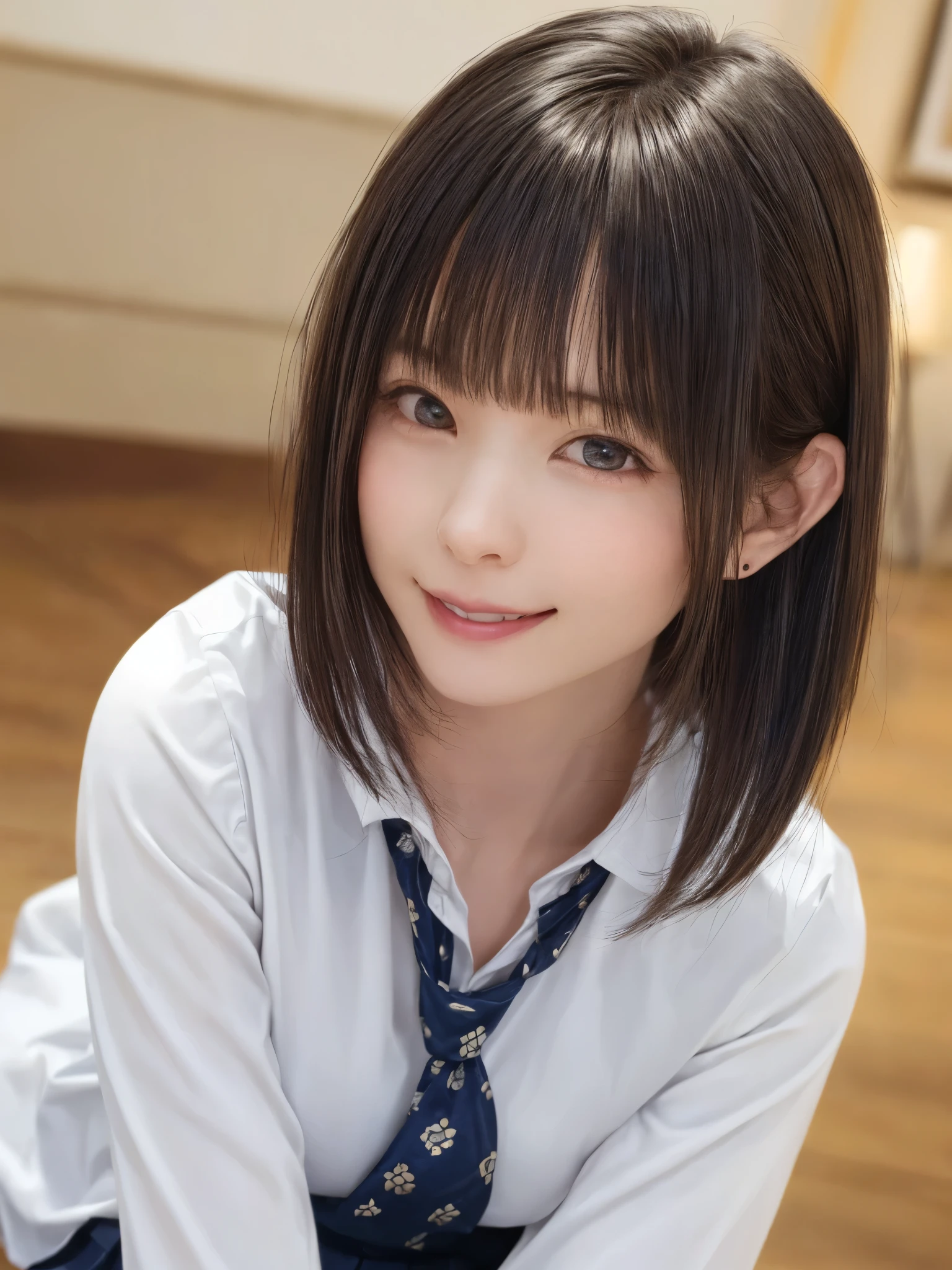 (masterpiece:1.3), (Realistic, RAW Photos, highest quality: 1.4), (One Girl), Beautiful Face, (超Realistic Face、シンメトリーのBeautiful Face、Looking into the camera), (Black Hair, short hair:1.6、bangs:1.3、Put out your ears:1.3、Beautiful long neck、happy smile with closed mouth), Beautiful hairstyle, (Realistic eyes), Beautiful details, Long eyelashes, (Realistic Skin), Beautiful Skin, [Big Breasts:1.3], (Perfect body:1.3), (Detailed body:1.2), (tie), (Collared shirt, Pleated skirt:1.3), Absurd, charm, Ultra-high resolution, Ultra-realistic, Very detailed, Golden Ratio,Very cute beautiful woman、28 years old