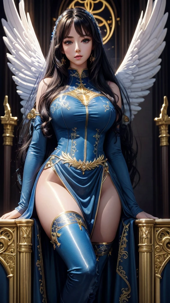 Best quality, 8K,glorious angel, female, beautiful and detailed face, curly long hair,big eyelashes,big angel´s wings,LOOKING TO observer,blue dress embroided with gold details,bodystocking,armlets,black belt,over the knee boots,iluminate cathedral scenario, DYNAMIC ANGLE