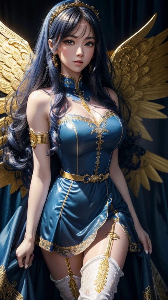 highres,(best quality,4k,8k),realistic,sexy devil woman with blue skin,split-down-the-middle dress revealing breast, gold jewelry, including a gold necklace, detailed horns on head, elegant wings, blue skin