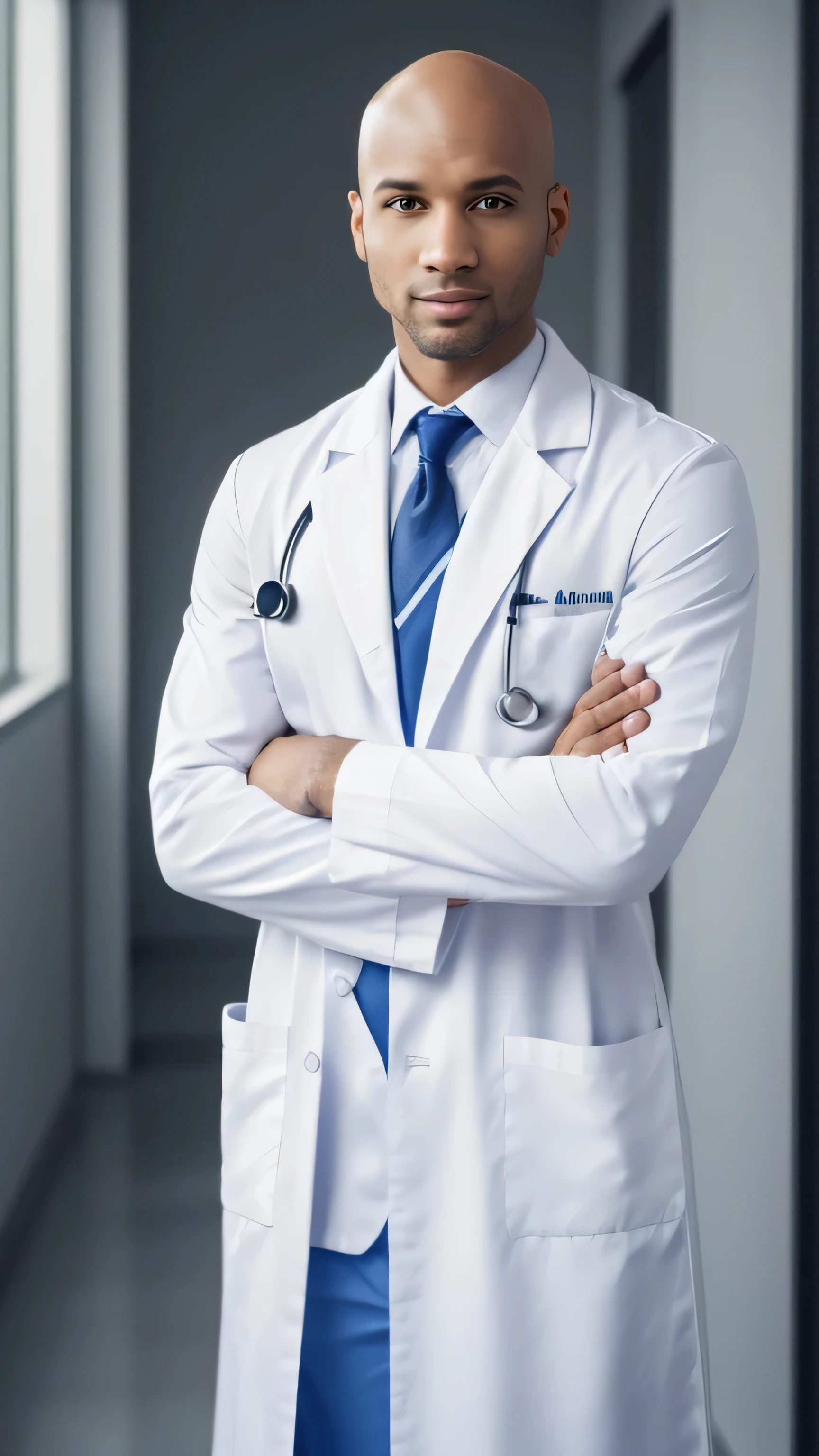 doctor in a white coat and tie male doctor wearing a white coat, healthcare professional, bald afro with no hair and arms crossed at the waist