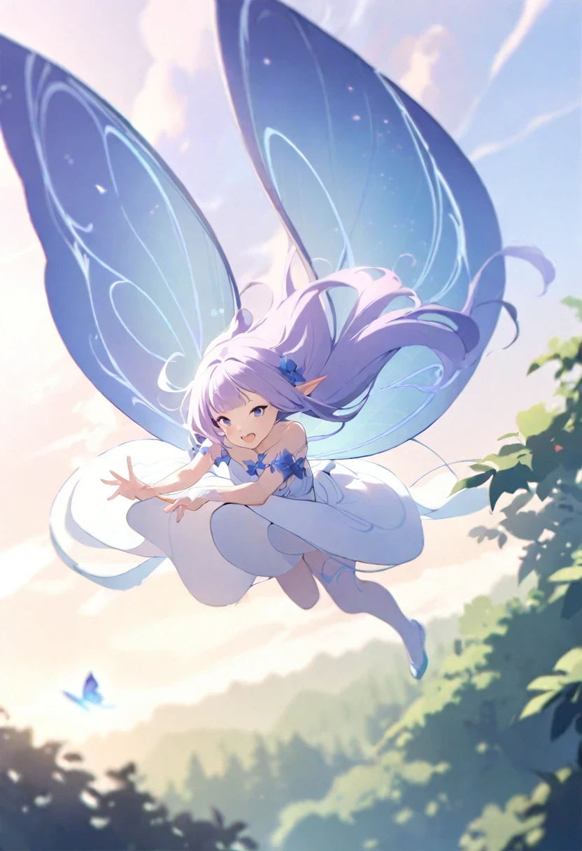 ((shylily/(Twich/))),(masterpiece:1.2),(best quality:1.2),, (1girl:1.3),1 girl,solo,(floating and flying:1.2),(fairy_wings:1.6),(elf ears:1.3),(detached_wings:1.2),beautiful,(sparse forest)shining body,shining eyes,flying hair,visually stunning,beautiful,happy,rich facial expressions,(clear forest background),(in-flight:1.2),a white dress,multiple_wings,mini_wings,butterfly_wings,absurdres,pointy_ears,a small blue flower,