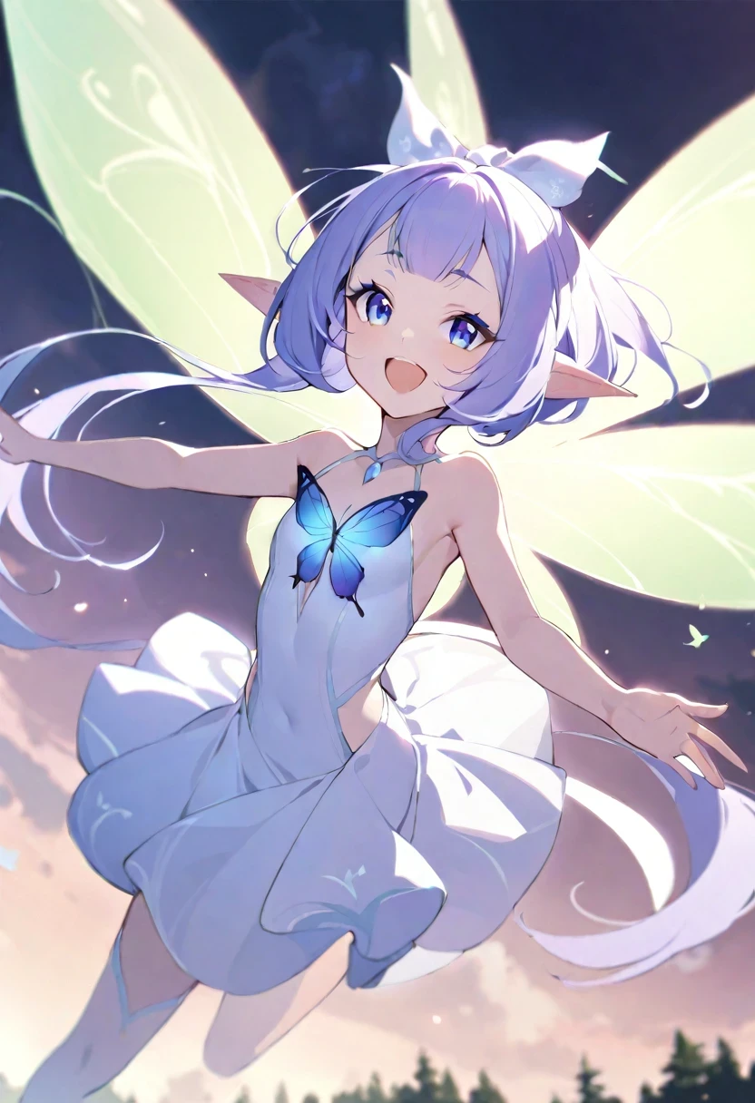((shylily/(Twich/))),(masterpiece:1.2),(best quality:1.2),, (1girl:1.3),1 girl,solo,(floating and flying:1.2),(fairy_wings:1.6),(elf ears:1.3),(detached_wings:1.2),beautiful,(sparse forest)shining body,shining eyes,flying hair,visually stunning,beautiful,happy,rich facial expressions,(clear forest background),(in-flight:1.2),a white dress,multiple_wings,mini_wings,butterfly_wings,absurdres,pointy_ears,a small blue flower,