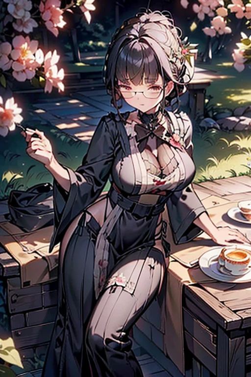 (best quality, masterpiece), (ultra high resolution, 8K RAW photo, photo realistics:1.5, textile shading, thin outline, clear focus:1.2), Beautuful Matured woman preparing tea-time in the garden, standing by the round table, (tea set, tea pot, tea cups, some cakes on dish), classy art deco style table, wearing light_brown maid uniform, breast cleavage, maid costume:1.2, long flare skirts, apron, bow ties on thechest, long tall sally, long legs, long white hair, (wearing thin-flame glasses:1.2), (milf:1.5, 28 years old, solo), (large breast, sagging breast, big tits, narrow waist), (medium short white hair, hair over one eye, (updo hair:1.2), side lock, asymmetric hair, wavy hair), (bright pupils, detailed eyes, high detailed face, Perfect face shape, eye rush), (seductitve smiling, half-closing eyes), (looking at viewers:1.3), (dynamic angle, full body, from above:1.2), ((correct anatomy:1.5, correct hands)), (ideal ratio of body proportions), (outdoor:1.2, grass field),