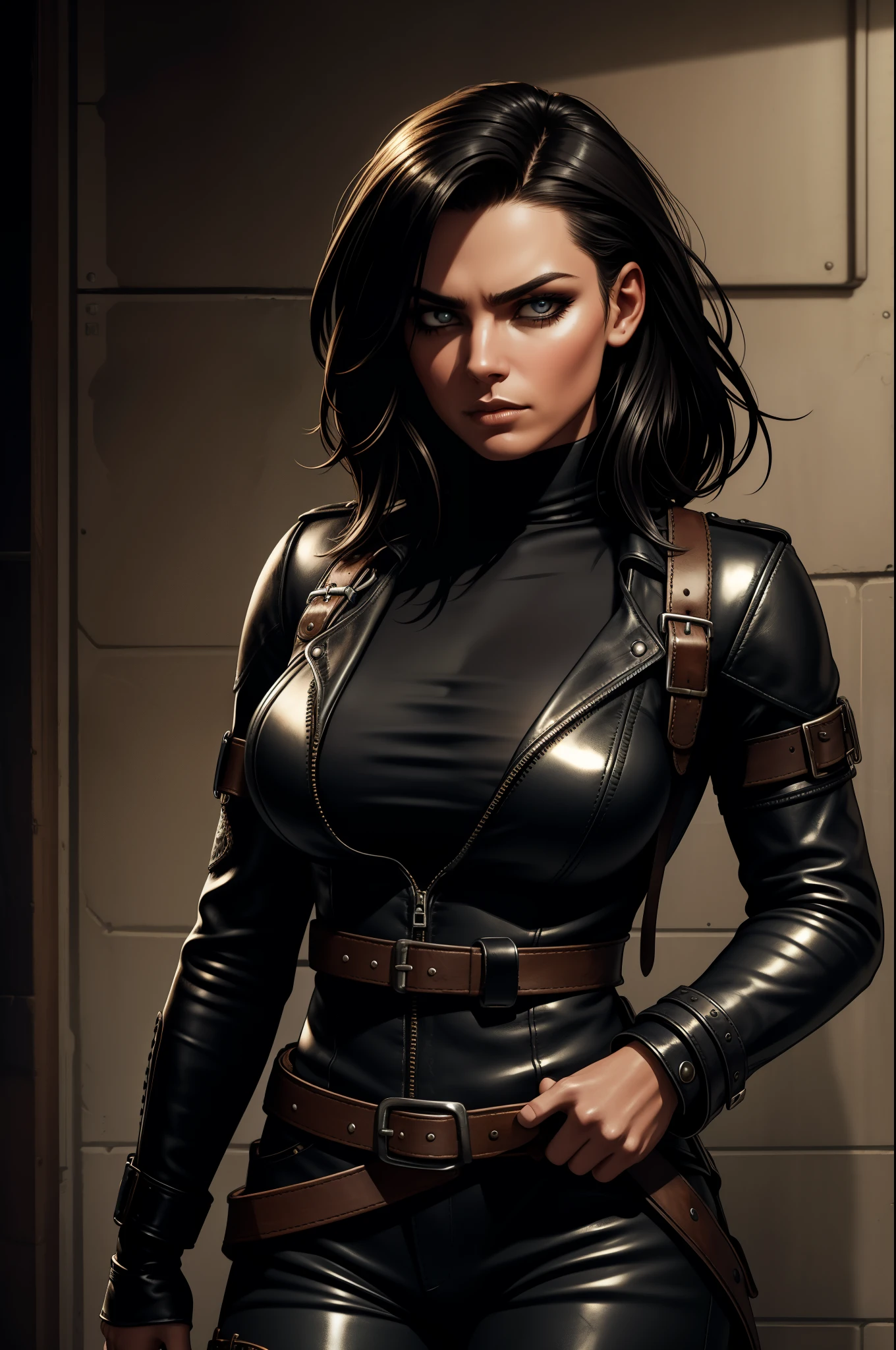 leather, straps, detailed stitching, worn out texture, rugged appearance, shiny metal buckles, strong grip, high-quality craftsmanship, fashionable design, vintage style, black color palette, dramatic lighting, intense shadows, edgy and rebellious vibe, professional photography, sexy woman