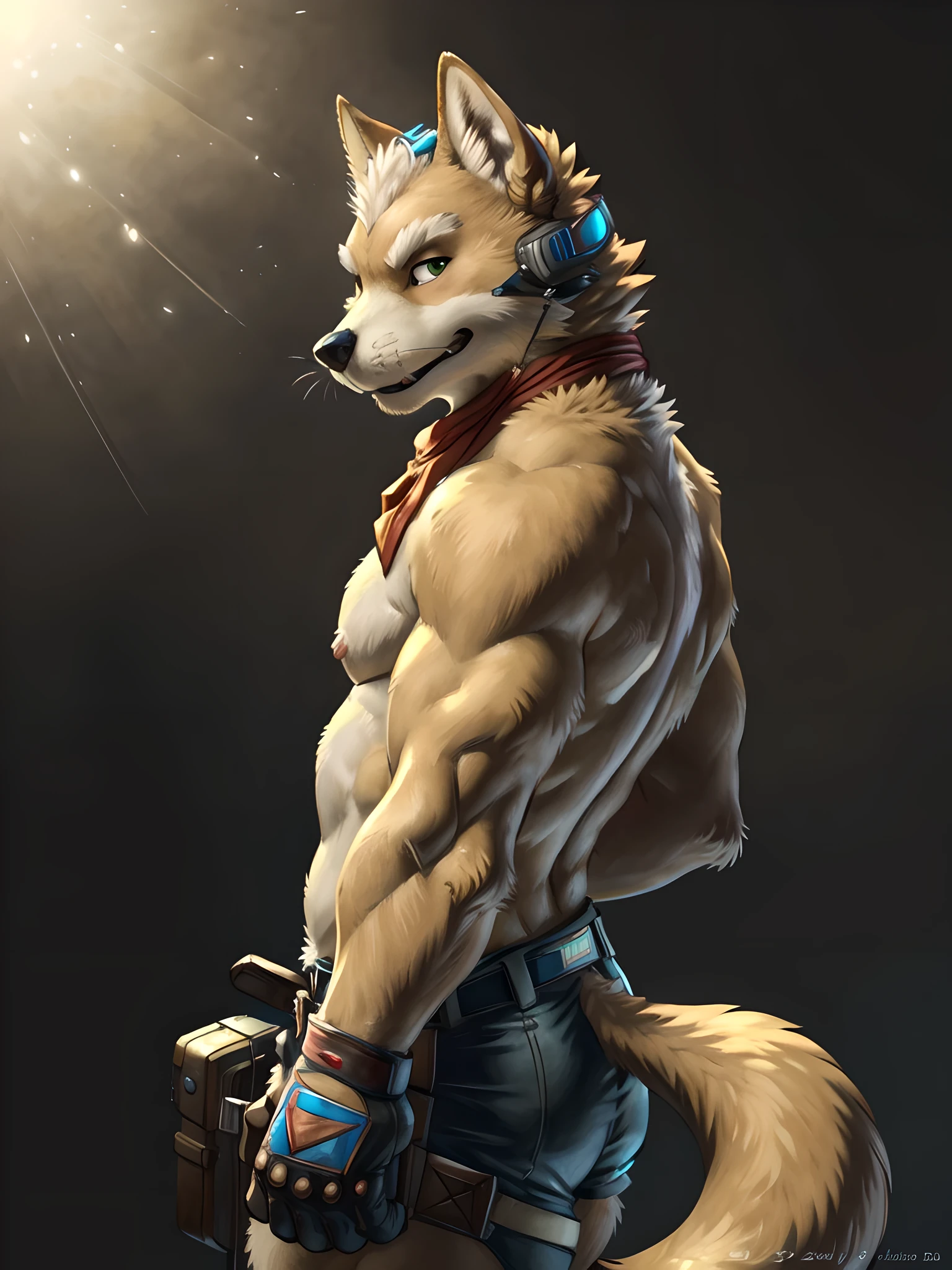 fox mccloud, 4k, high resolution, best quality, detailed, posted on e621, solo, anthro body, male, avarage build, (plain background:1.1), correct anatomy, (cel shaded, cartoony shading, strong shadows, dramatic lighting):1.3, (by wfa, by takemoto arashi, by meesh, by Taran Fiddler), big fox tail:1.1, detailed eyes, naked, red scarf, fingerless gloves, cartoony proportions, side view, butt