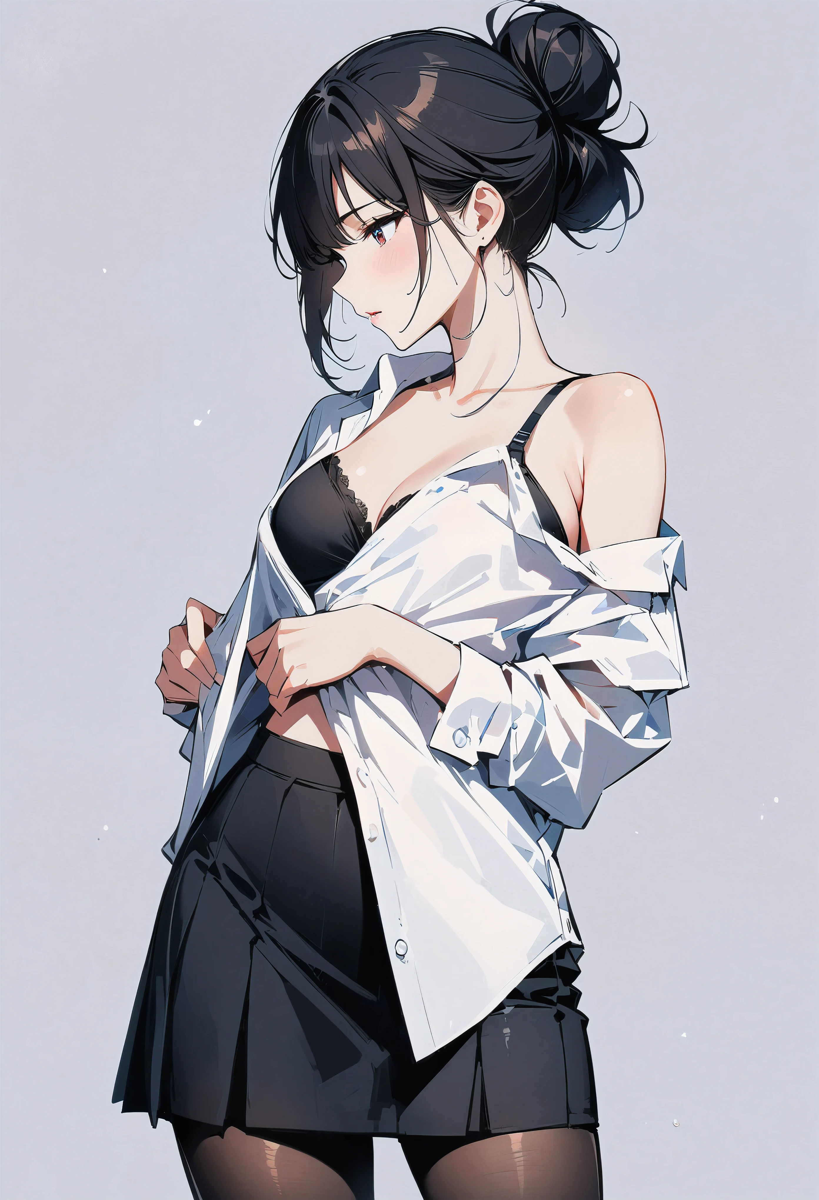 (masterpiece, best quality:1.2), 1 girl, alone , sexy , (office_black_skirt), (white_oxford_shirts:1.2),(office look female) ,cowboy shot, black hair ,hair bun, (office_background:1.3) , (pantyhose:1.3) , The button is loosened. , Black Bra, (A black bra is reflected behind her shirts) , bare shoulders , be undressed