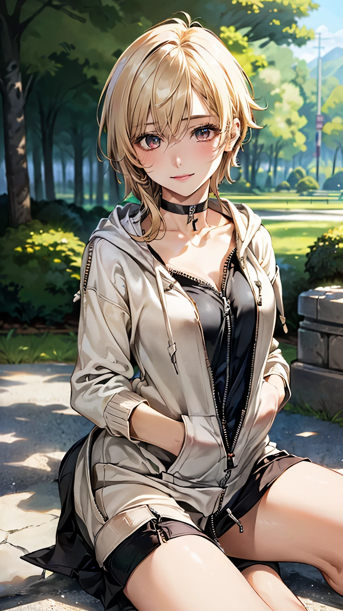 (masterpiece:1.2, top-quality), (realistic, photorealistic:1.4), beautiful illustration, (natural side lighting, movie lighting), , 
looking at viewer, full body, front view, 1 girl, 25 years old, japanese, perfect face, perfect anatomy:1.3, cute and symmetrical face, shiny skin, 
(short hair:1.2, pixie cut:1.2, blonde hair), hair between eyes, black eye, long eye lasher, (large breasts:1.6, thin waist, thick thighs), 
beautiful hair, beautiful face, beautiful detailed eyes, beautiful clavicle, beautiful body, beautiful chest, beautiful thigh, beautiful legs, beautiful fingers, 
((zip up hoodie hood:1.8, slit skirt:1.4, choker:1.6)), white panties:1.6, 
(beautiful scenery), morning, (village, trees), ((grasp the hem of the skirt with your right hand, left hand on chest, spread legs:1.3)), (seductive smile), 
