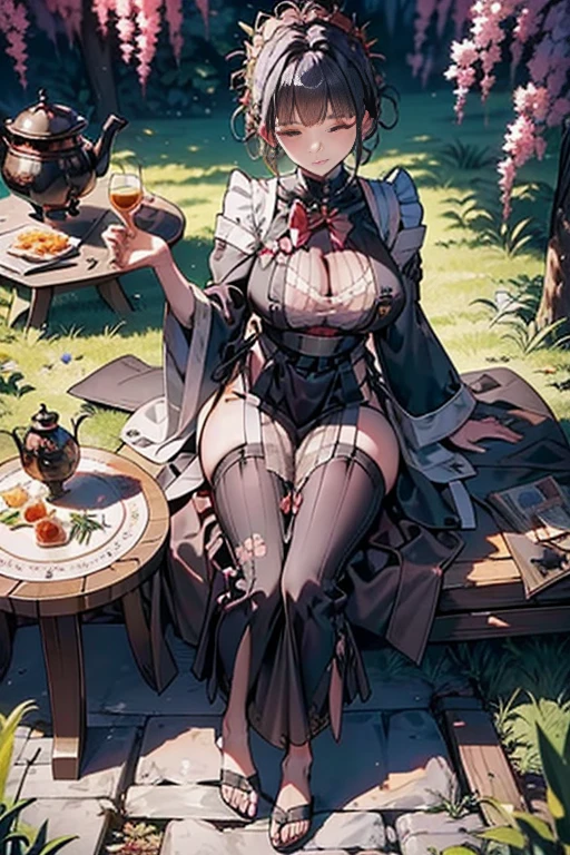 (best quality, masterpiece), (ultra high resolution, 8K RAW photo, photo realistics:1.5, textile shading, thin outline, clear focus:1.2), Beautuful Matured woman preparing tea-time in the garden, standing by the round table, (tea set, tea pot, tea cups, some cakes on dish), classy art deco style table, wearing light_brown maid uniform, breast cleavage, maid costume:1.2, long flare skirts, apron, bow ties on thechest, long tall sally, long legs, long white hair, (wearing thin-flame glasses:1.2), (milf:1.5, 28 years old, solo), (large breast, sagging breast, big tits, narrow waist), (medium short white hair, hair over one eye, (updo hair:1.2), side lock, asymmetric hair, wavy hair), (bright pupils, detailed eyes, high detailed face, Perfect face shape, eye rush), (seductitve smiling, half-closing eyes), (looking at viewers:1.3), (dynamic angle, full body, from above:1.2), ((correct anatomy:1.5, correct hands)), (ideal ratio of body proportions), (outdoor:1.2, grass field),
