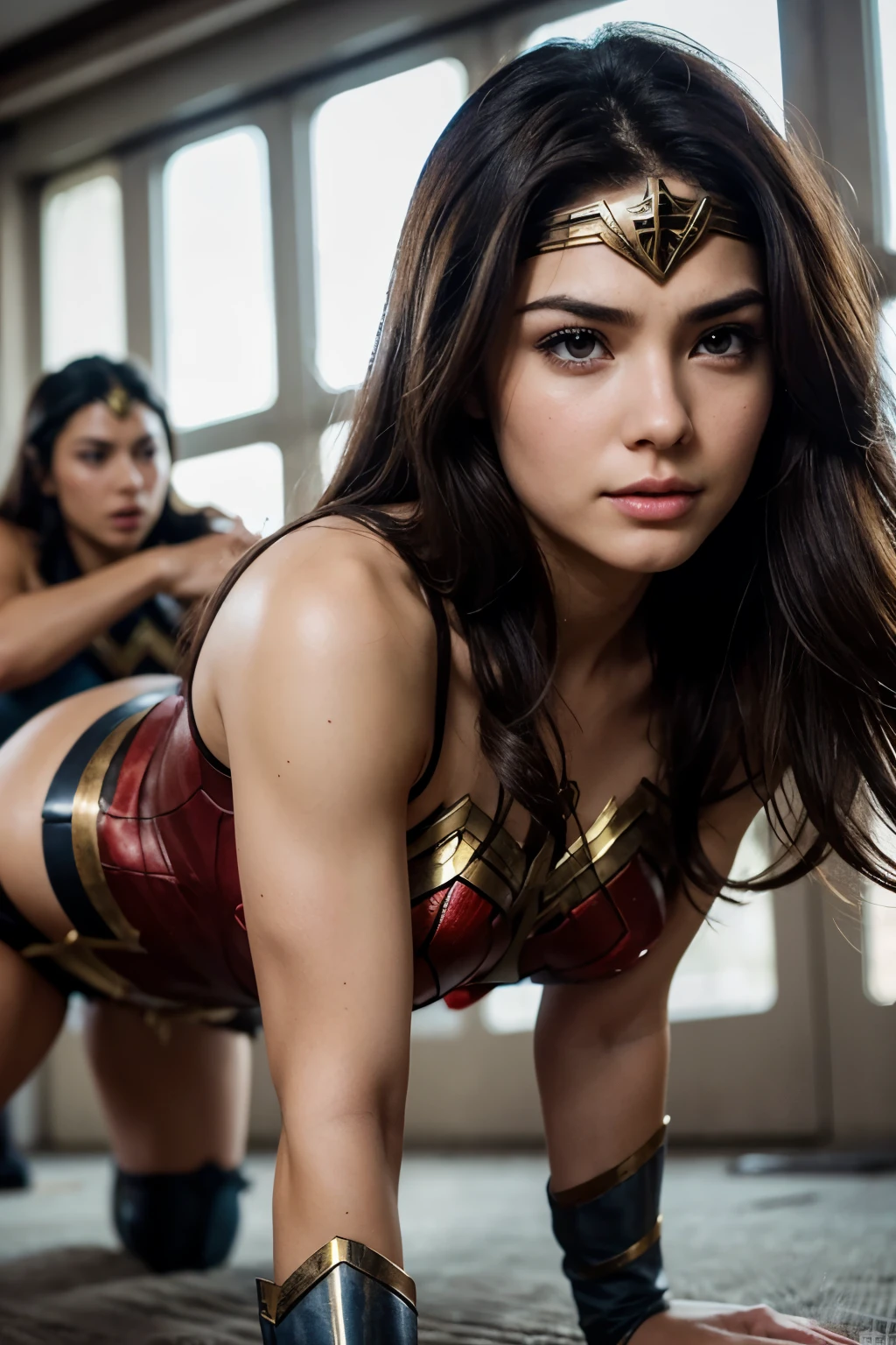 perfect hero woman costume,crawl on all fours,sleeping face,Close ~ eyes,open your mouth,tired face,face of suffering,sky face,sleeping face,fight the men,surrounded by men,,caught between men,being tackled by men,Intertwining with men, Attacked by men,assaulted by men,Being bullied by guys,being sexually abused by a man,Captured by a man,Being detained by a man、touch your face,、Hair is pulled hard,My head is grabbed,licked my hair,lick my face,brown hair, masterpiece、beautiful girl、fine 目、puffy eyes、highest quality, 超High resolution, (reality: 1.4), movie lighting,super beautiful、beautiful skin、(super reality)、(High resolution)、(8K)、(very detailed)、(beautiful and fine 目)、(Super detailed)、 detailed face、slanted bangeshi hair、brown hair、20-year-old、hero woman cosplay,wonder woman tiara, good booty, cluster
