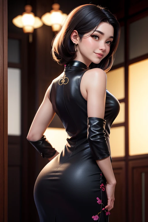 mujer,20 years old,,Ciudad,noche,(((cheongsam de seda))),,sonrisa con la boca abierta((pelo negro)),rubor、,((Turn around and look back))()Reflejando las nalgas