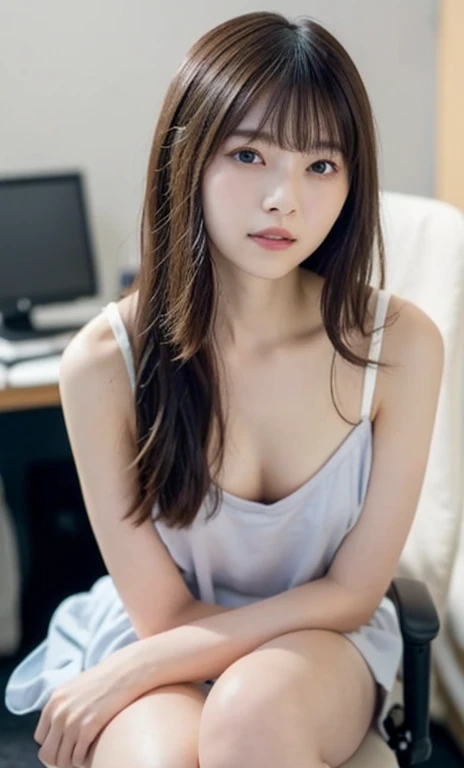 masterpiece、highest quality、16K、RAW Photos、Super detailed、Ultra-high resolution、UHD,Depth of written boundary、very detailed、late night office、dim、Cinematic lighting、Professional Lighting、Pale shading、Weak contrast、Japanese、beautiful girl、Smooth, silky skin、Translucent white skin、sitting in front of the computer、Operating a computer、(The loose camisole is white in color.)、(The tight knit micro mini skirt is a pastel blue-purple color.:2.0)、(smooth and beautiful thighs:1.6)、(Small breasts:1.0)、Flat Chest、Breast like a 、Small areola、Small nipples、Beautiful nipples、Cherry-colored nipples、White Breasts、The blouse is slightly bulging、Heavy makeup、Dolly Makeup、A smile that makes people happy、(Floating hair、Messy Hair、Wavy long hair、High Ponytail),(The bangs are see-through)、office chair、Head to thigh photo