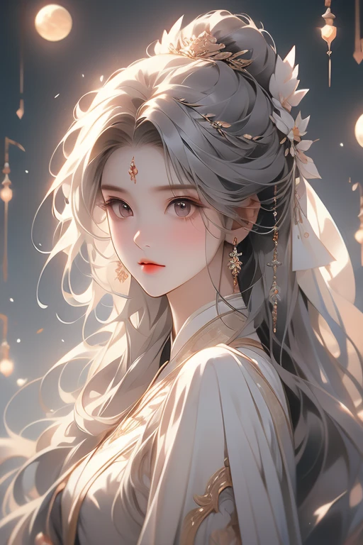 moon，A girl,Frontal image，moon使者,Moonlit Maiden,moon的二次元形象,A faint smile,Holy and elegant,Indifferent expression,Silvery-white eyes,Flowing ancient robe,Long flowing white hair,Exquisite hairstyle,magic,Ray Tracing,Delicate facial features