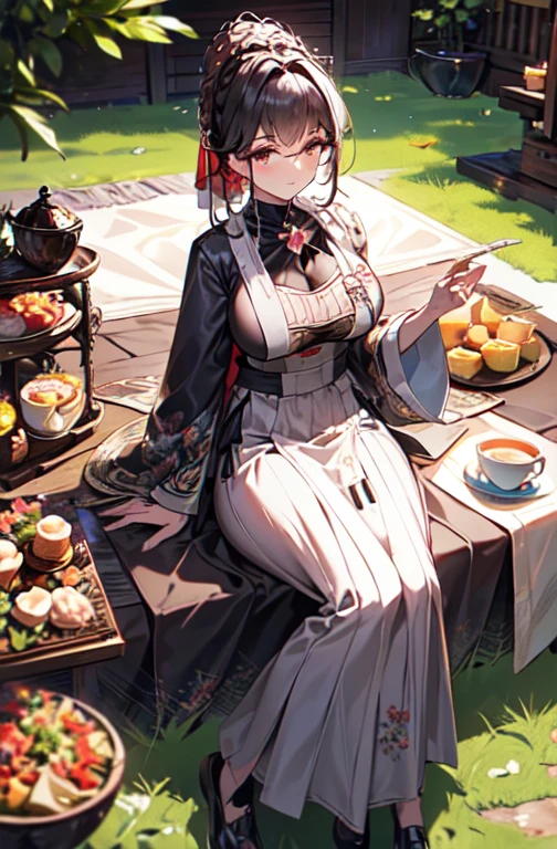 (best quality, masterpiece), (ultra high resolution, 8K RAW photo, photo realistics:1.5, textile shading, thin outline, clear focus:1.2), Beautuful Matured woman preparing tea-time in the garden, standing by the round table, (tea set, tea pot, tea cups, some cakes on dish), classy art deco style table, wearing light_brown maid uniform, breast cleavage, maid costume:1.2, long flare skirts, apron, bow ties on thechest, long tall sally, long legs, long white hair, (wearing thin-flame glasses:1.2), (milf:1.5, 28 years old, solo), (large breast, sagging breast, big tits, narrow waist), (medium short white hair, hair over one eye, (updo hair:1.2), side lock, asymmetric hair, wavy hair), (bright pupils, detailed eyes, high detailed face, Perfect face shape, eye rush), (seductitve smiling, half-closing eyes), (looking at viewers:1.3), (dynamic angle, full body, from above:1.2), ((correct anatomy:1.5, correct hands)), (ideal ratio of body proportions), (outdoor:1.2, grass field),