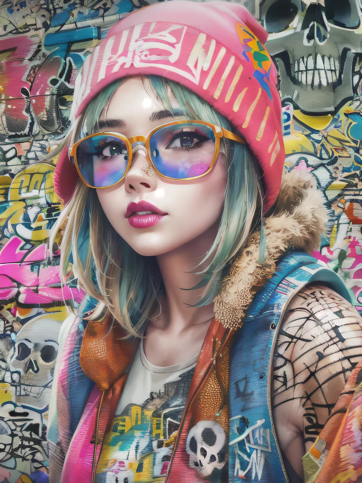 8K quality, watercolor painting, stylish design, (((The strongest beautiful girl of all time))), (((Japanese))、Idol、clear, stylish glasses, Fashionable hats, (((highest quality))), bob hair, lips in love, HDR, ((Detailed details)), (((skull fashion))), detailed clothing texture, (((graffiti art))), colorful hair, ((masterpiece))、((Super detailed))