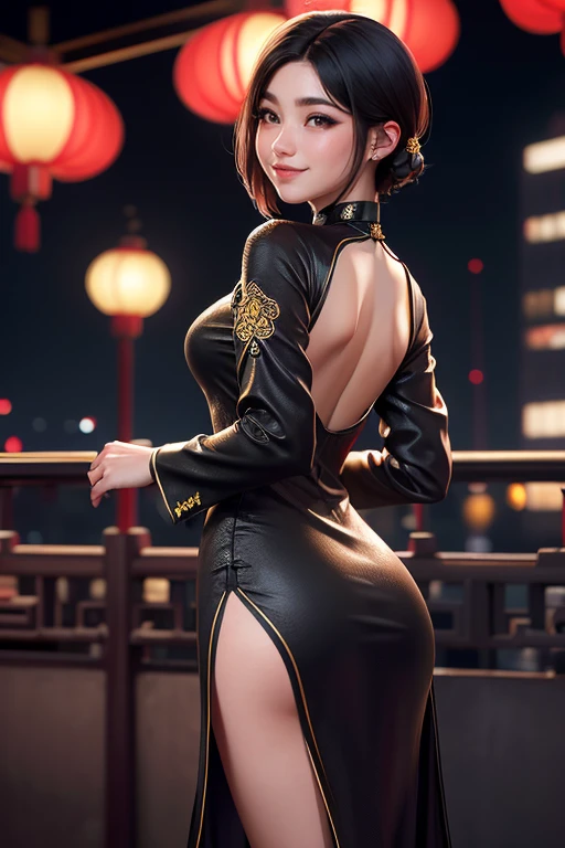 mujer,20 years old,,Ciudad,noche,(((cheongsam de seda))),,sonrisa con la boca abierta((pelo negro)),rubor、,((Turn around and look back))()Reflejando las nalgas