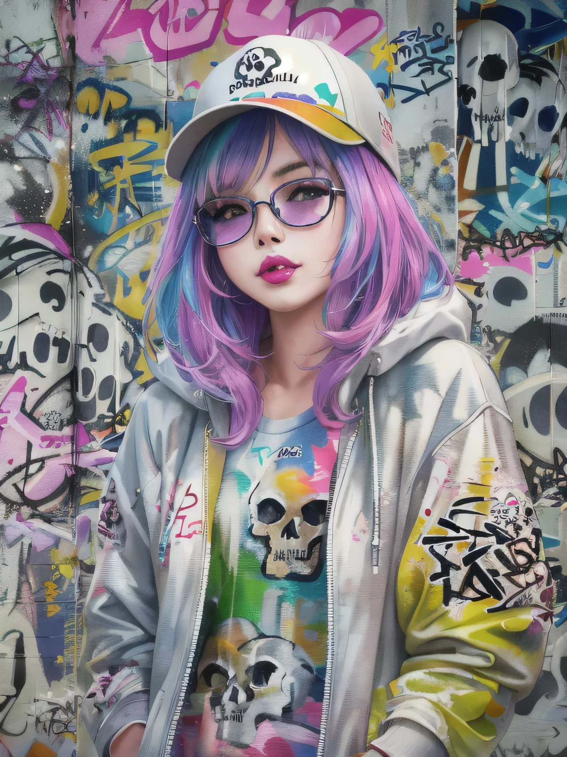 8K quality, watercolor painting, stylish design, (((The strongest beautiful girl of all time))), (((Japanese))、Idol、clear, stylish glasses, Fashionable hats, (((highest quality))), bob hair, lips in love, HDR, ((Detailed details)), (((skull fashion))), detailed clothing texture, (((graffiti art))), colorful hair, ((masterpiece))、((Super detailed))
