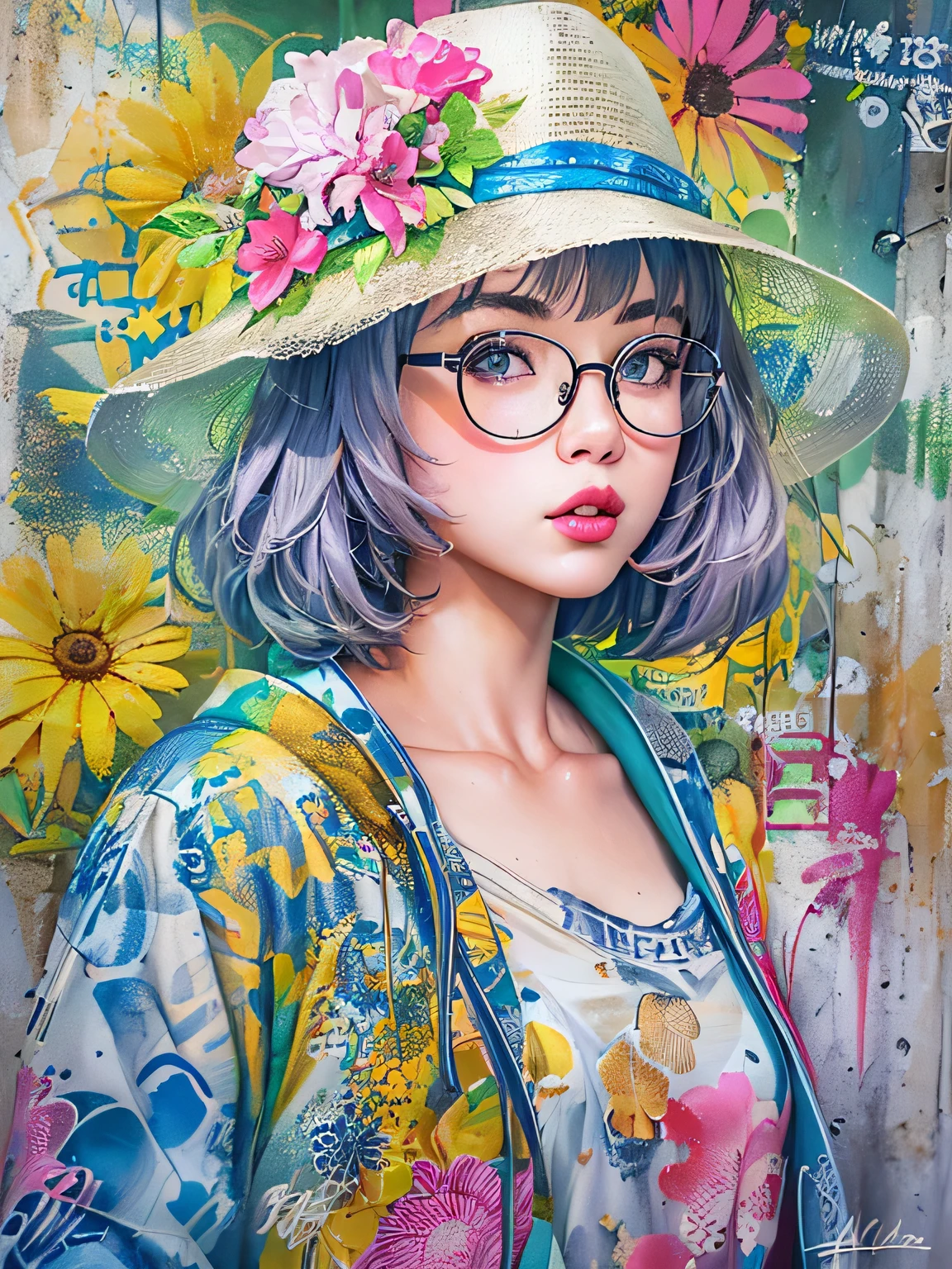 8K quality, watercolor painting, stylish design, (((The strongest beautiful girl of all time))), (((Japanese))、Idol、Yuriko Yoshitaka、clear, stylish glasses, Fashionable hats, (((highest quality))), bob hair, lips in love, HDR, ((Detailed details)), stylish fashion, detailed clothing texture, (((graffiti art))), colorful hair, ((masterpiece))、((Super detailed))、colorful flowers