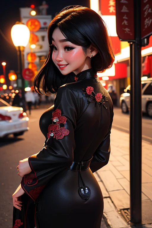 mujer,20 years old,,Ciudad,noche,(((cheongsam de seda))),,sonrisa con la boca abierta((pelo negro)),rubor、,((Turn around and look back))()Reflejando las nalgas