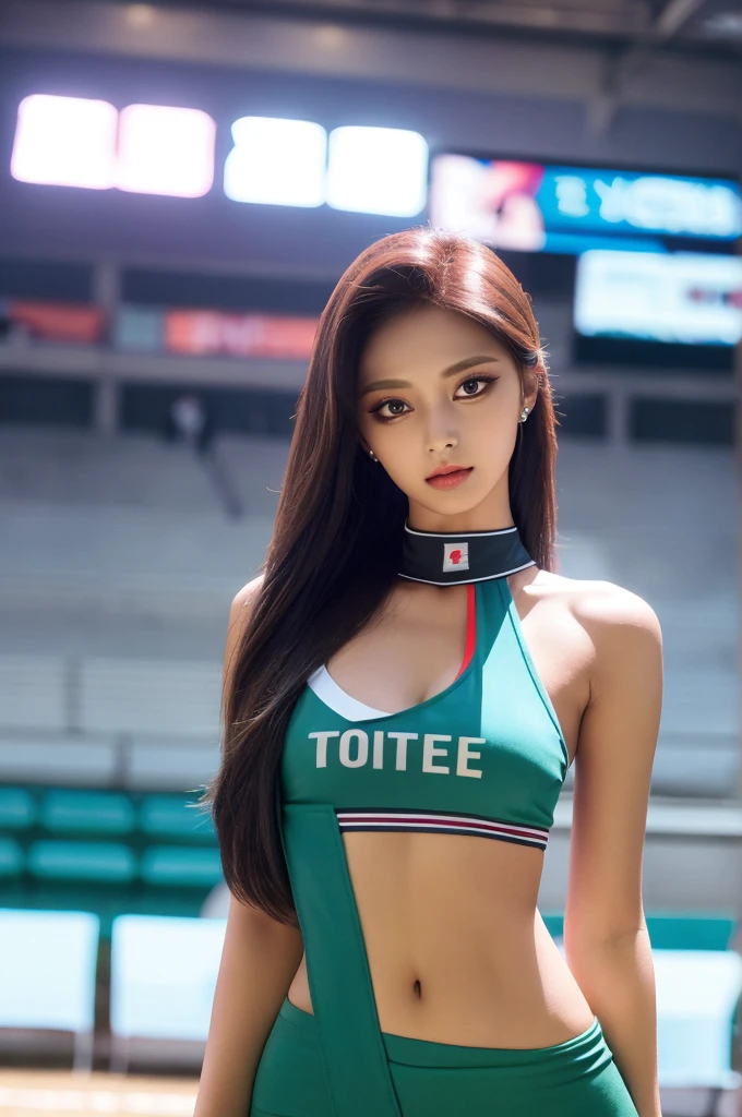 Tzuyu 1, woman, (Realistic), (Hyperrealism), (photoRealistic), Depth of written boundary, eye make up:0.7 (whole body:1.2), (Tight waist), Watching the audience,at the racing track, Race Queen, Sexy costume with open shoulders and chest