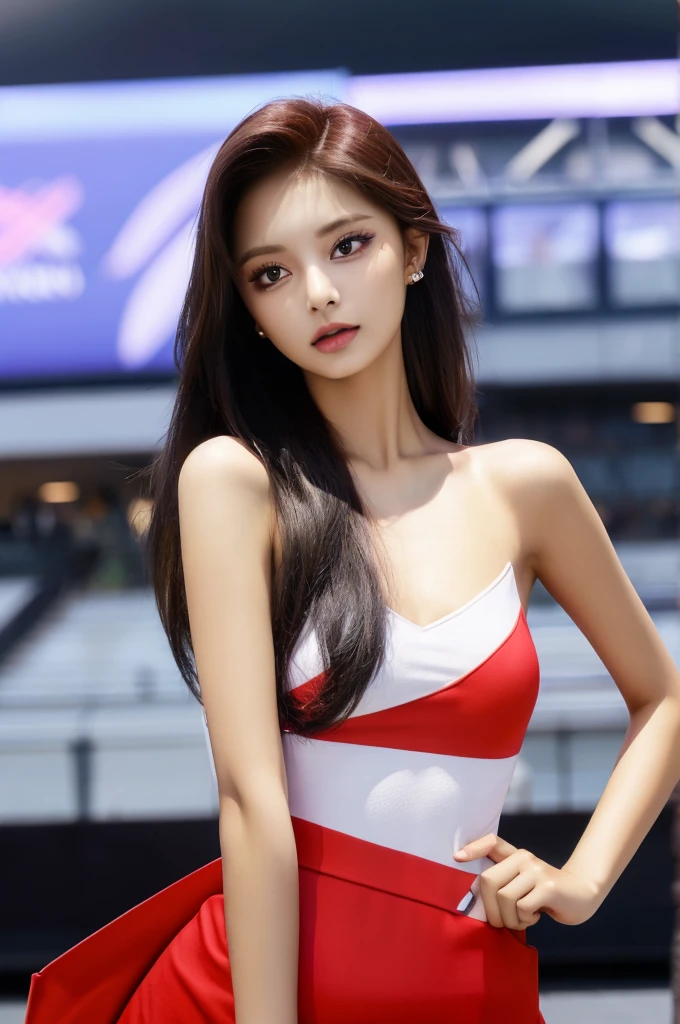Tzuyu 1, woman, (Realistic), (Hyperrealism), (photoRealistic), Depth of written boundary, eye make up:0.7 (whole body:1.2), (Large Bust),(Tight waist), Watching the audience,In the pits at the racing track, Race Queen, Sexy dress with open shoulders and neckline